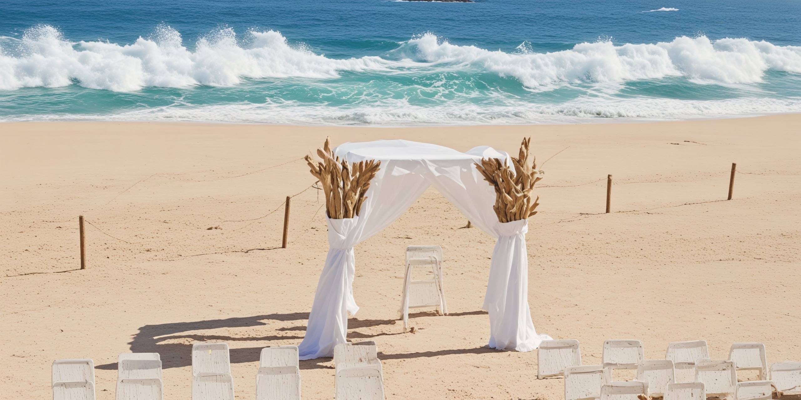 Oceanfront destination wedding arrangement featuring white chairs and an arch at Hotel Riu Palace Baja California.