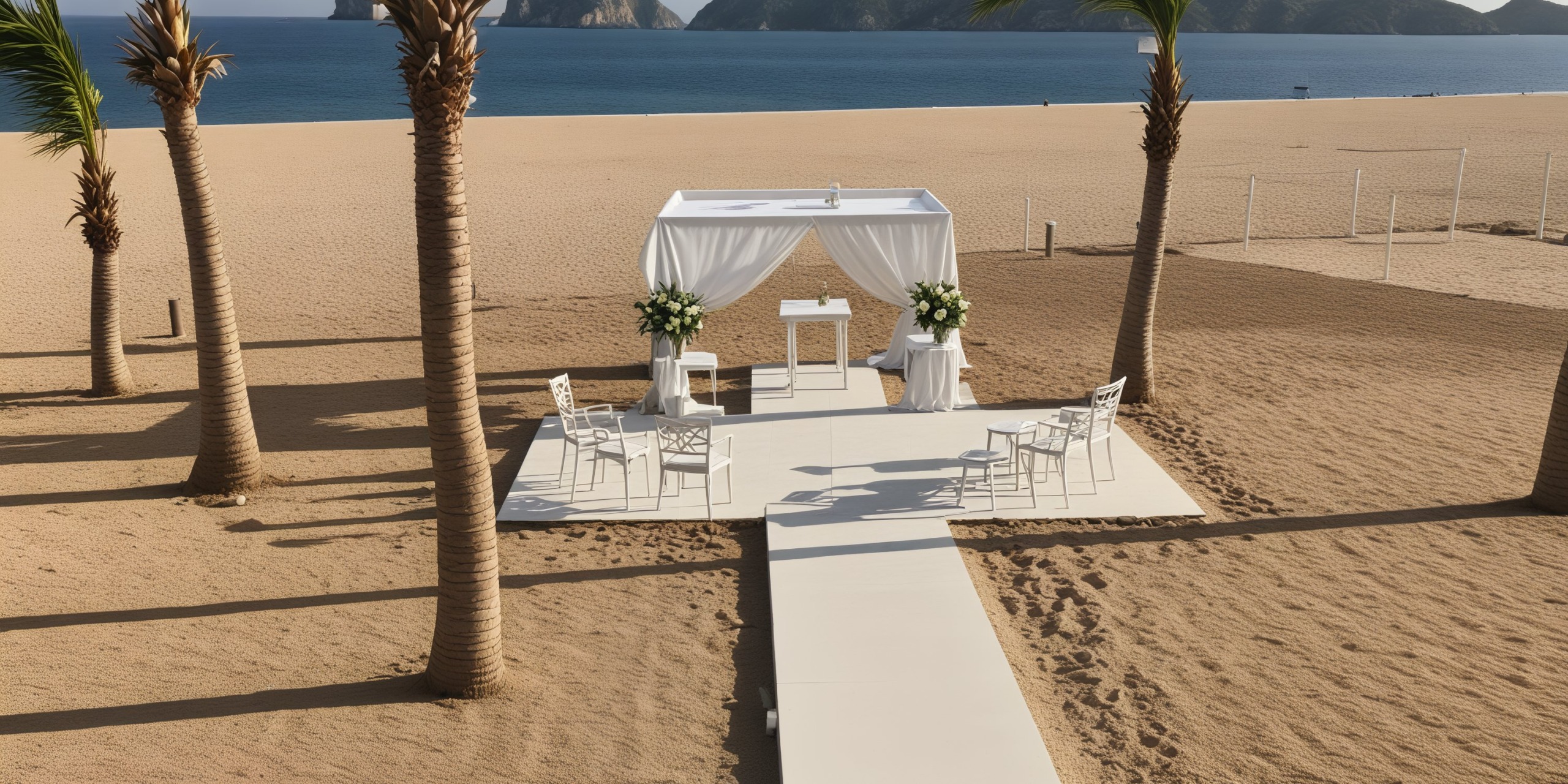 Destination wedding at Hotel Riu Palace Baja California: elegant white chairs, a beautifully adorned canopy, swaying palm trees, and a breathtaking ocean view.