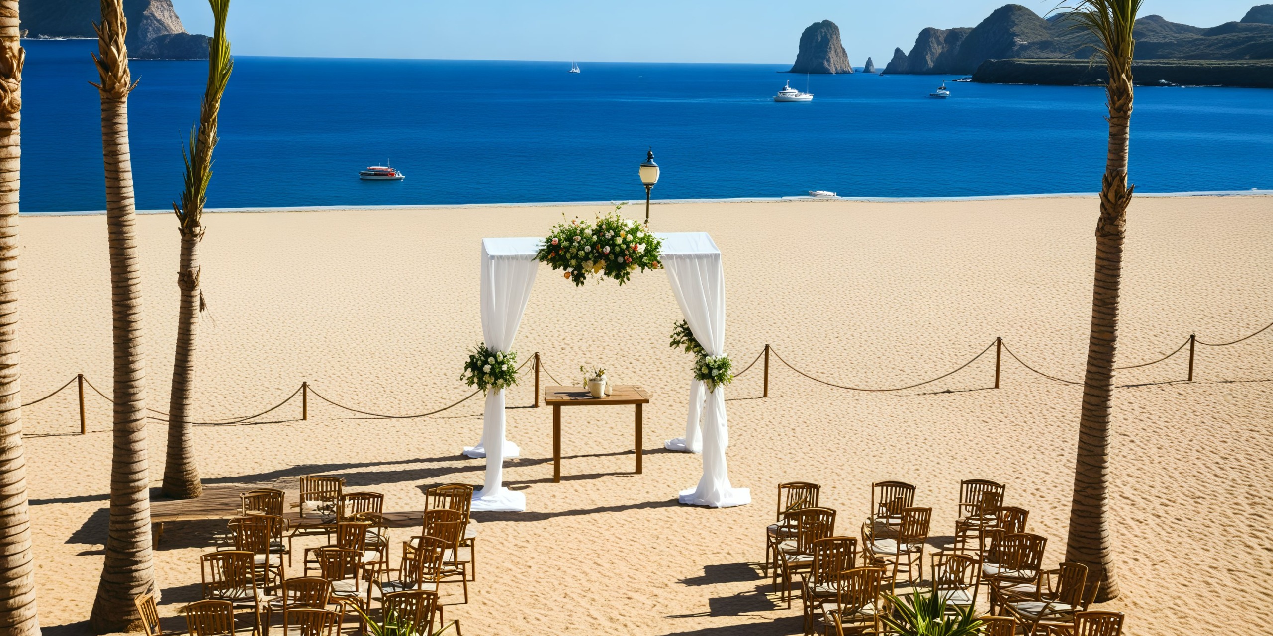 Experience a breathtaking destination wedding at Hotel Riu Palace Baja California, featuring an exquisite oceanfront setup with elegant chairs and a stunning floral arch.