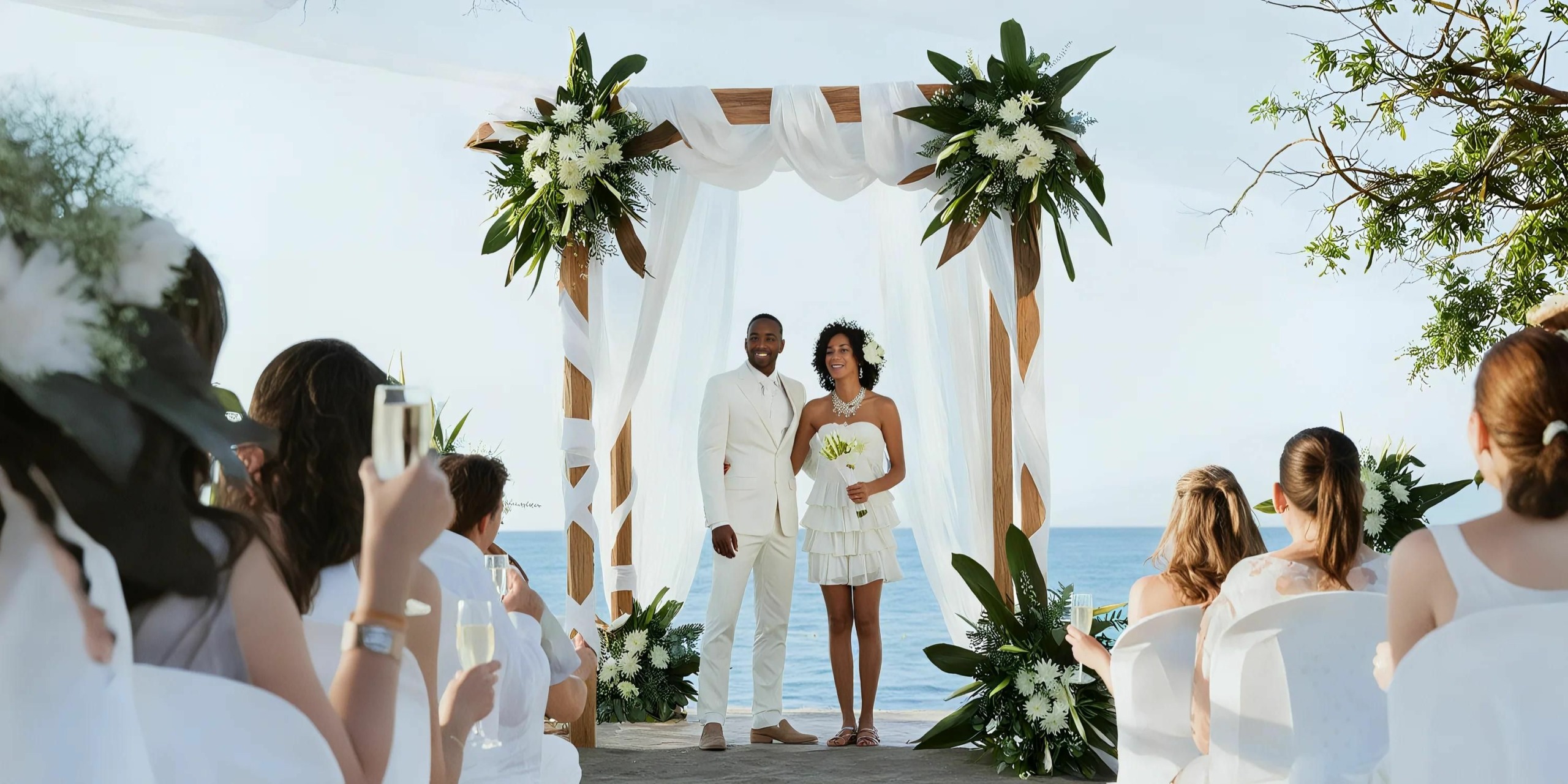 A couple stands under a canopy decorated with white fabric and flowers during an outdoor wedding ceremony, with seated guests watching and the ocean visible in the background.