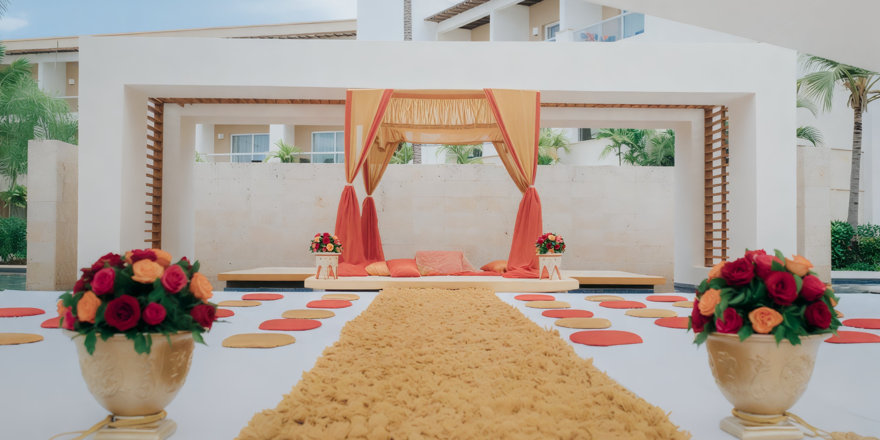 Royalton Punta Cana, adorned with vibrant red-orange decor and a floral altar, serves as a picturesque location for a destination wedding.