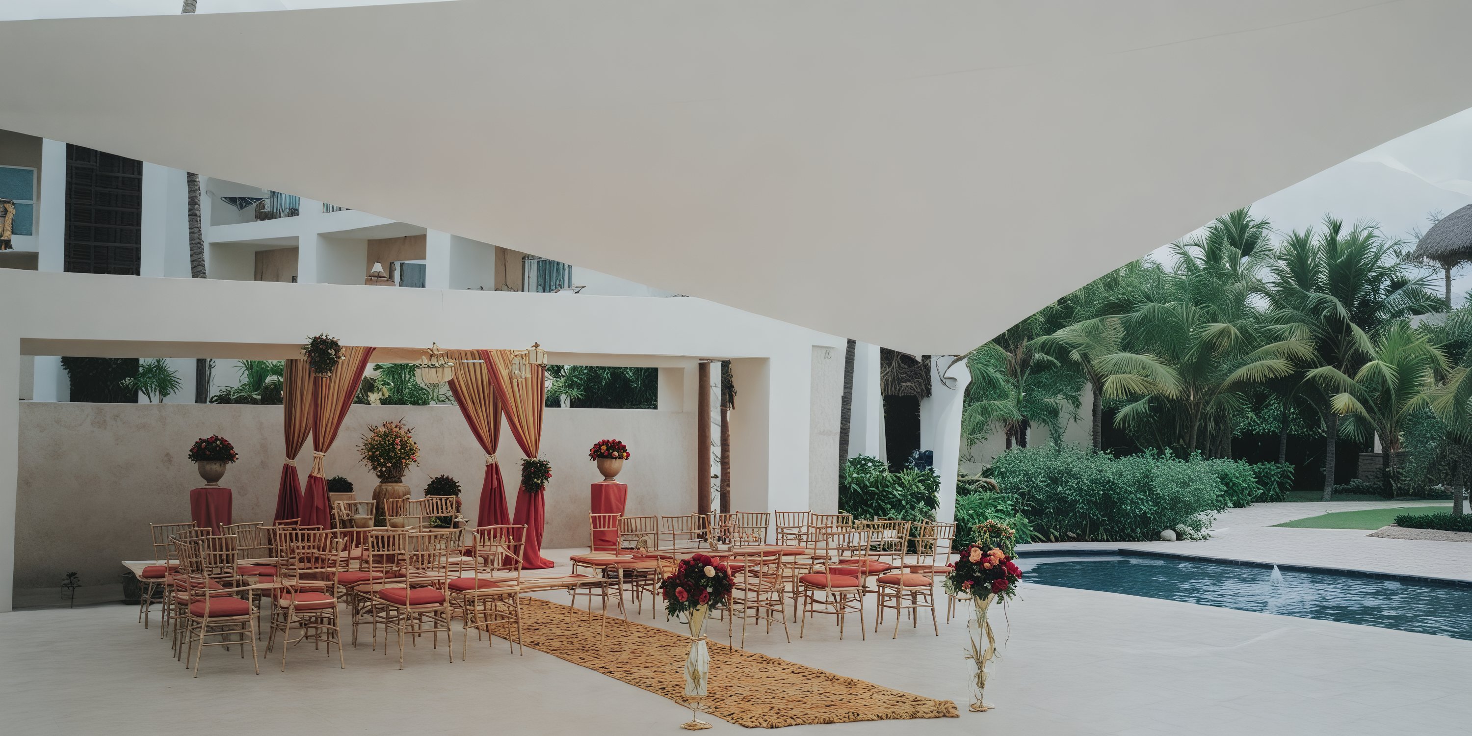 Royalton Punta Cana: A picturesque destination wedding featuring flower-adorned chairs and a stunning poolside view.