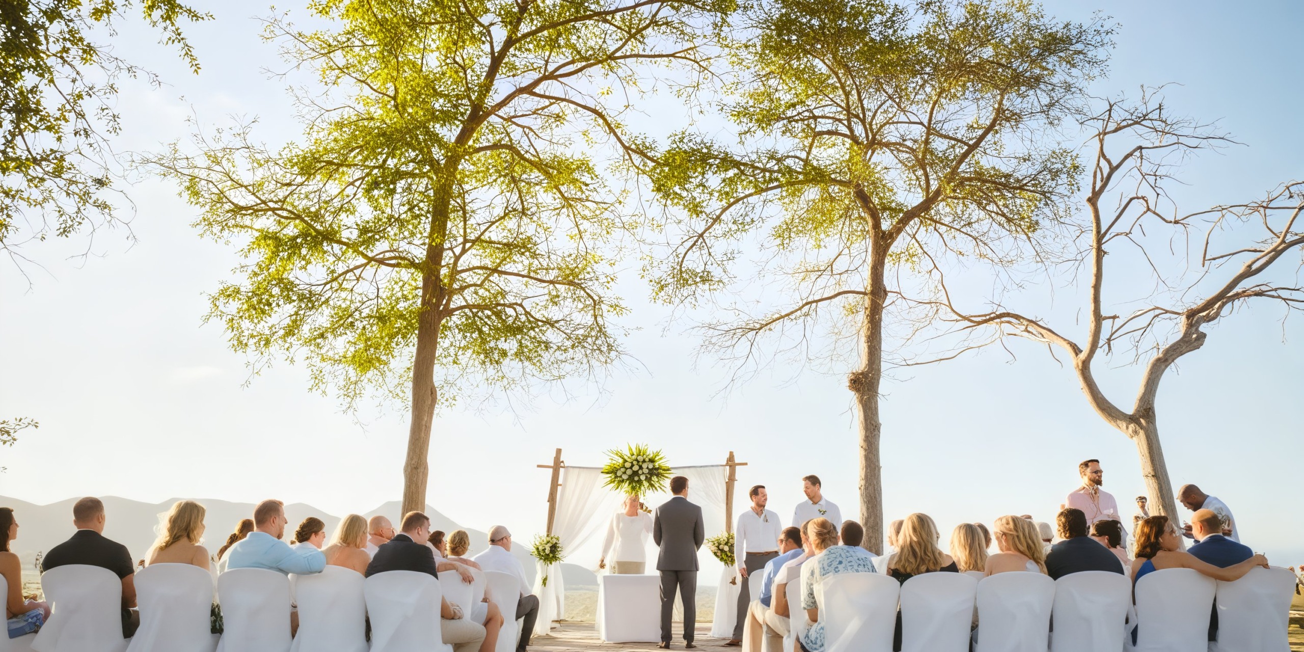 Destination wedding at Hotel Riu Guanacaste: guests seated under a clear sky and surrounded by trees, while the officiant stands with the couple.