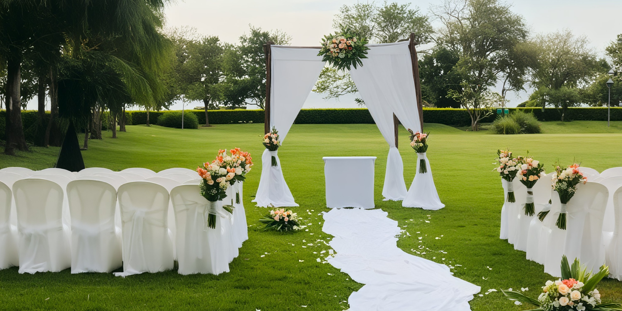 Enchanting destination wedding setup at Hotel Riu Guanacaste, featuring elegant white chairs, a stunning floral arch, and a lush grassy aisle.