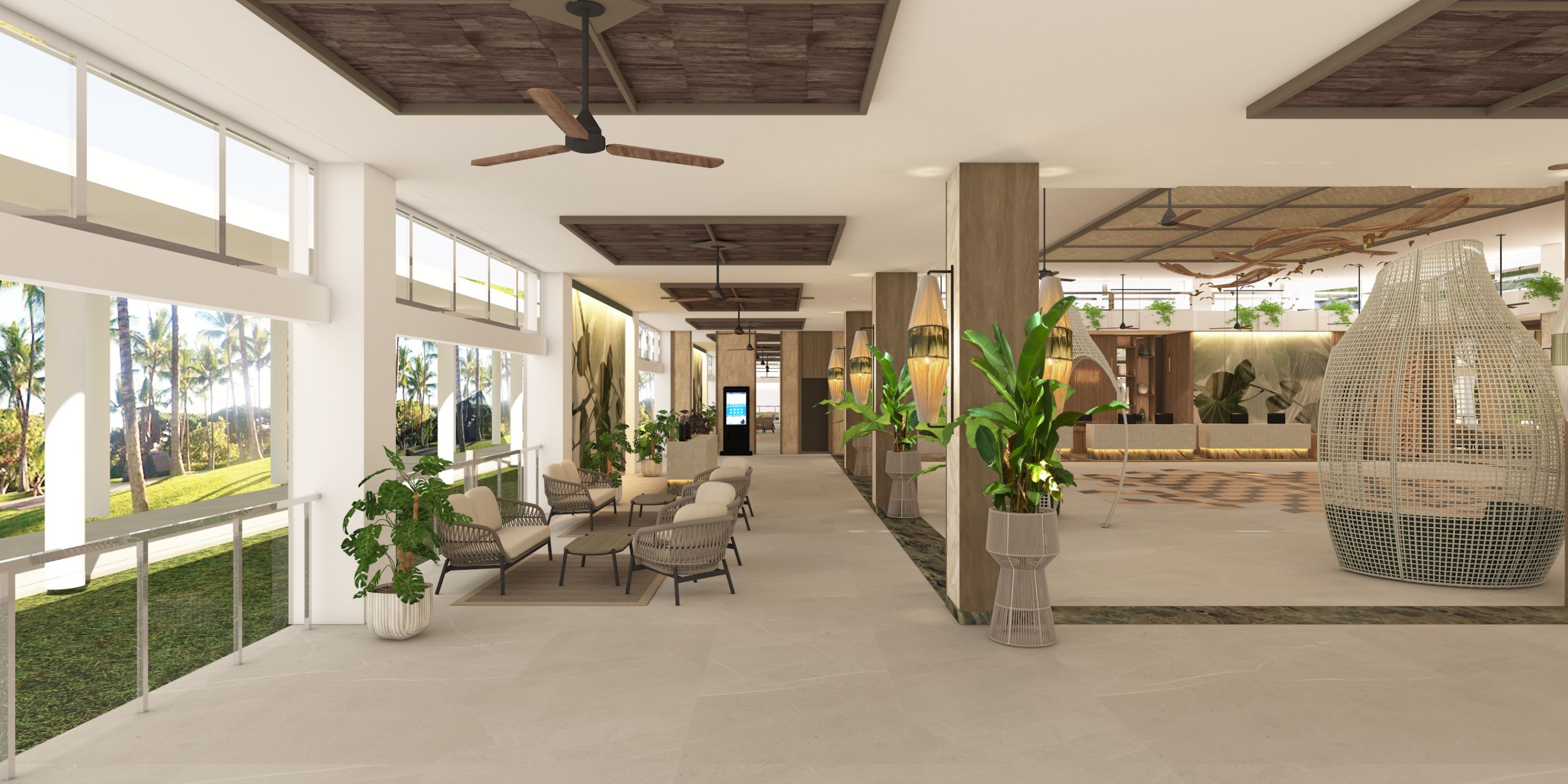 The bright lobby at Hotel Riu Guanacaste features comfortable seating, lush greenery, and large sunlit windows—a perfect welcoming space for guests arriving for a destination wedding.