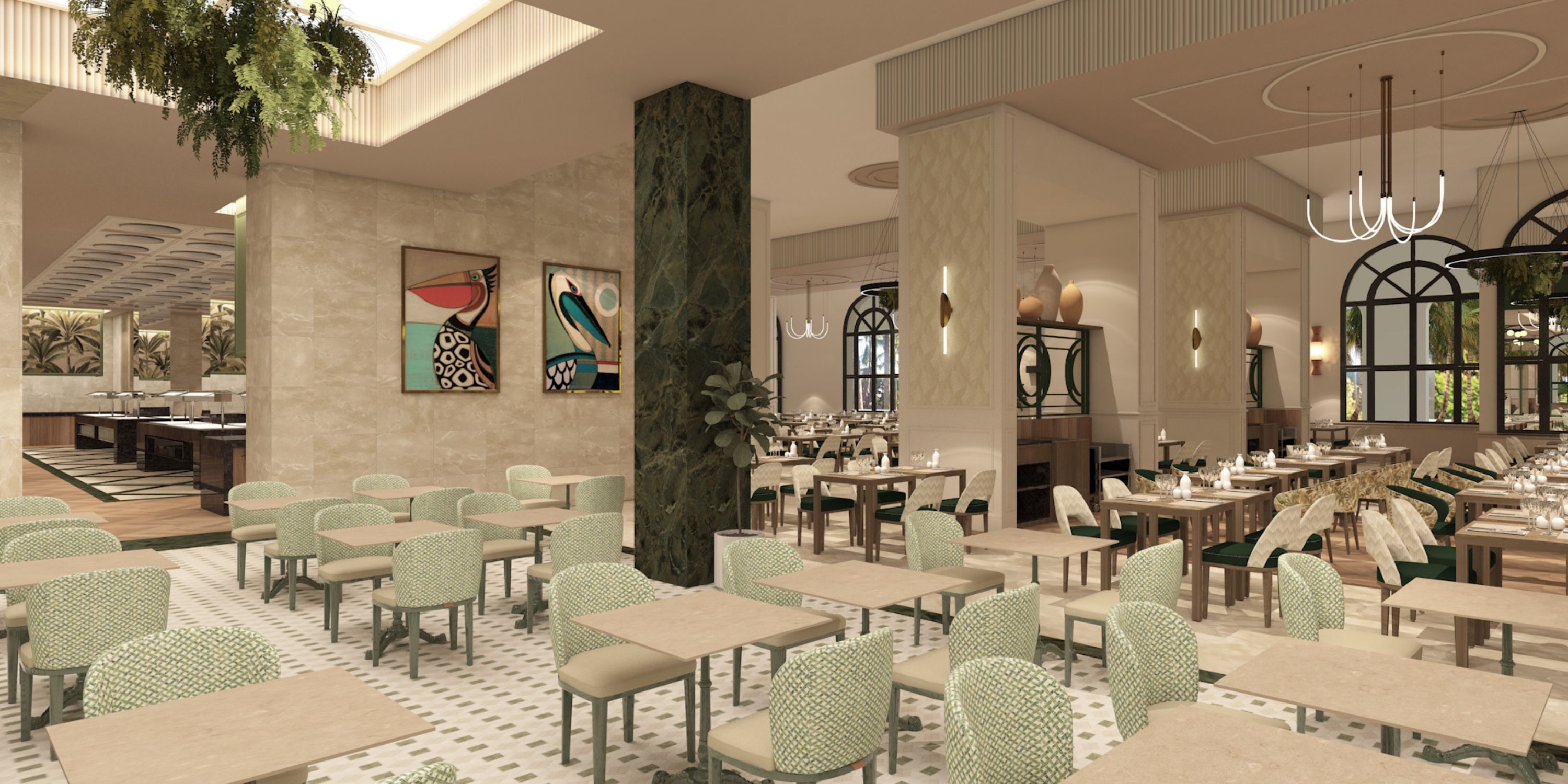 Experience modern dining at Hotel Riu Guanacaste, where vibrant green chairs, elegant wooden tables, and stylish decor create the perfect setting for a memorable destination wedding celebration.