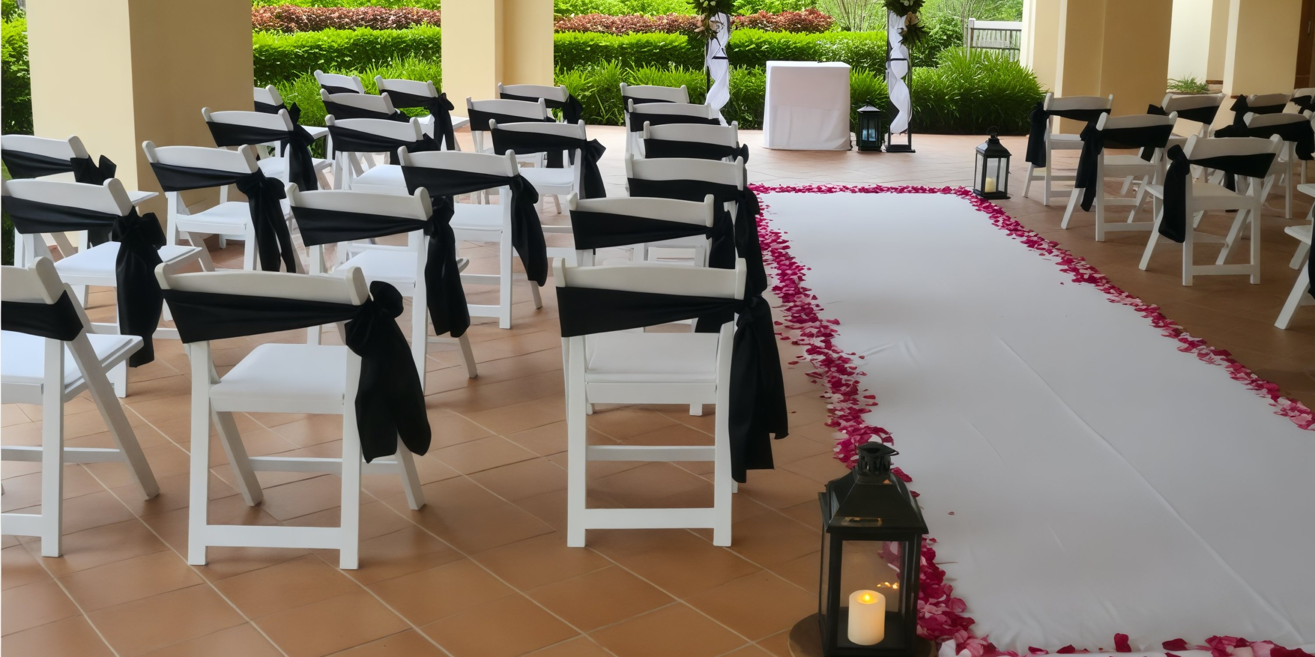At the Hotel Riu Guanacaste, experience a stunning outdoor destination wedding complete with elegant white chairs adorned with black sashes, and pathways sprinkled with rose petals and illuminated by charming lanterns.