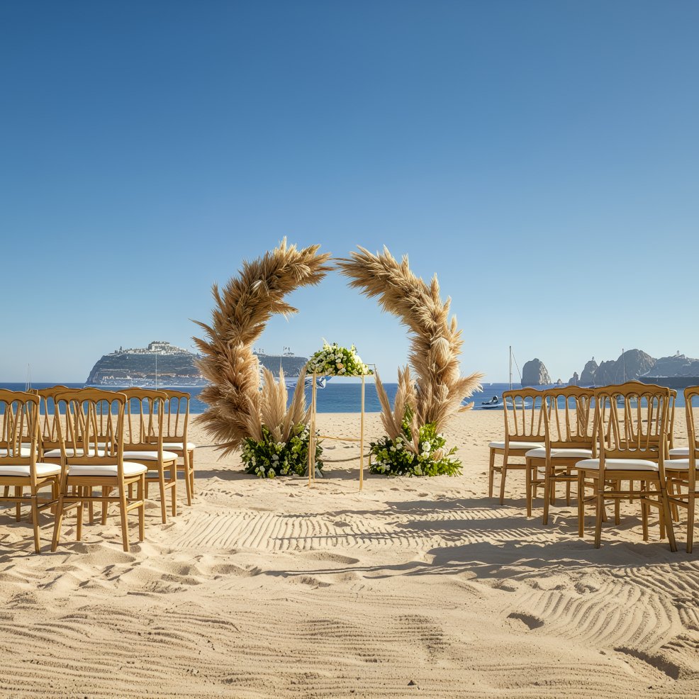 A destination wedding arrangement features a charming arch made of pampas grass and rows of chairs, all overlooking the ocean.