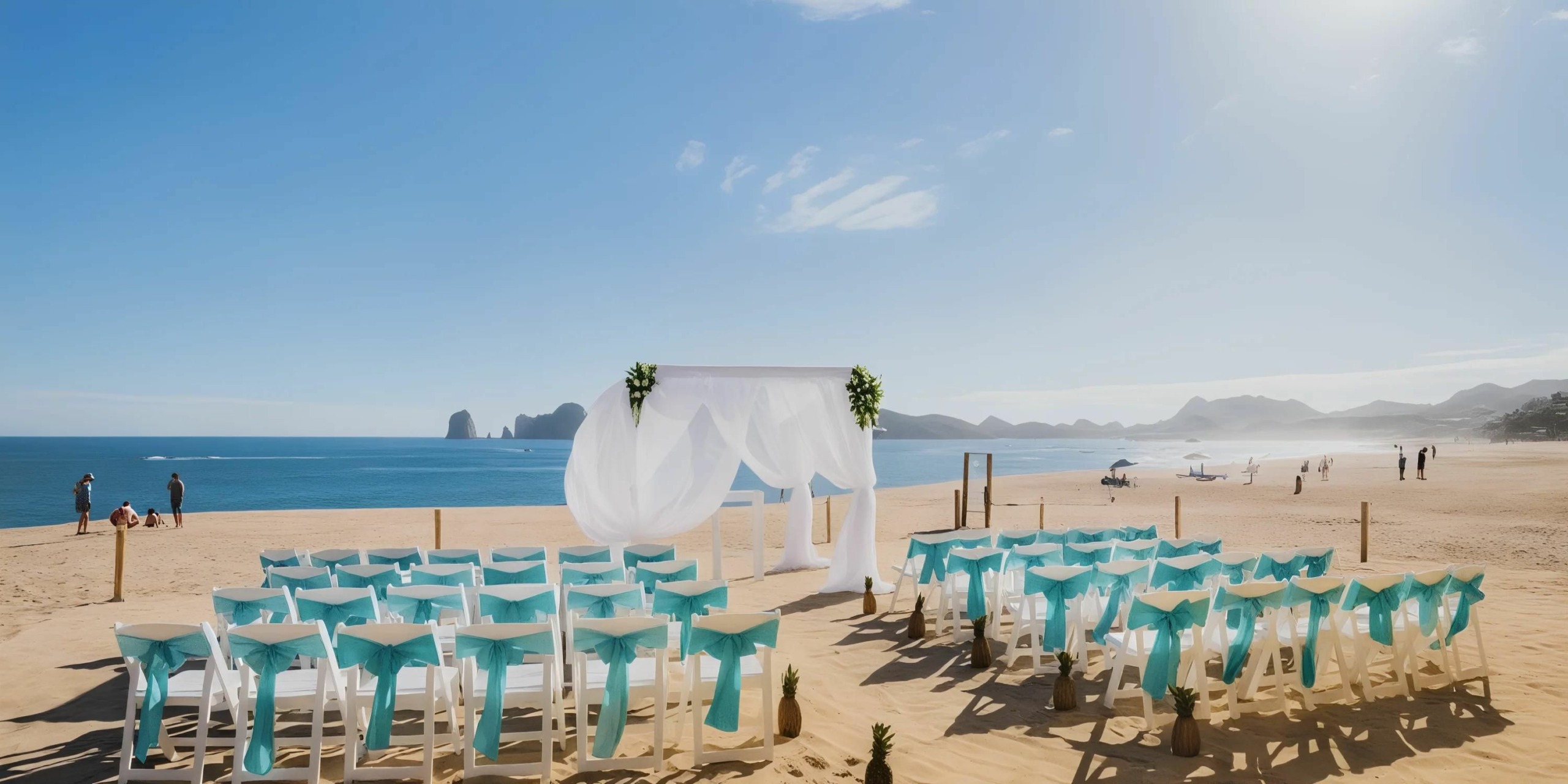 A beach wedding setup with rows of white chairs adorned with turquoise sashes facing an altar draped in white fabric, overlooking the ocean on a sunny day.