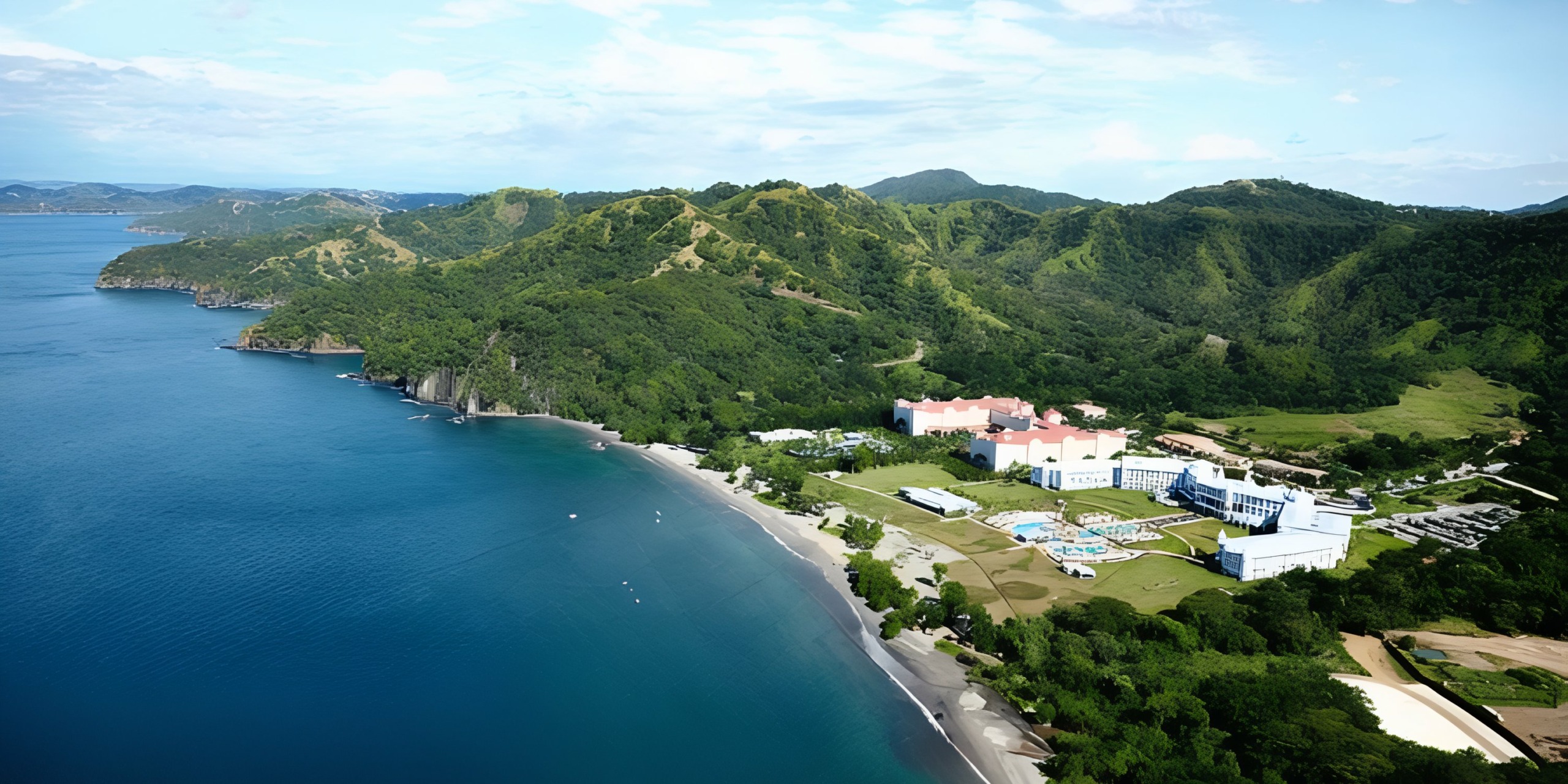Aerial view of Hotel Riu Palace Costa Rica with lush green hills and a calm blue sea.