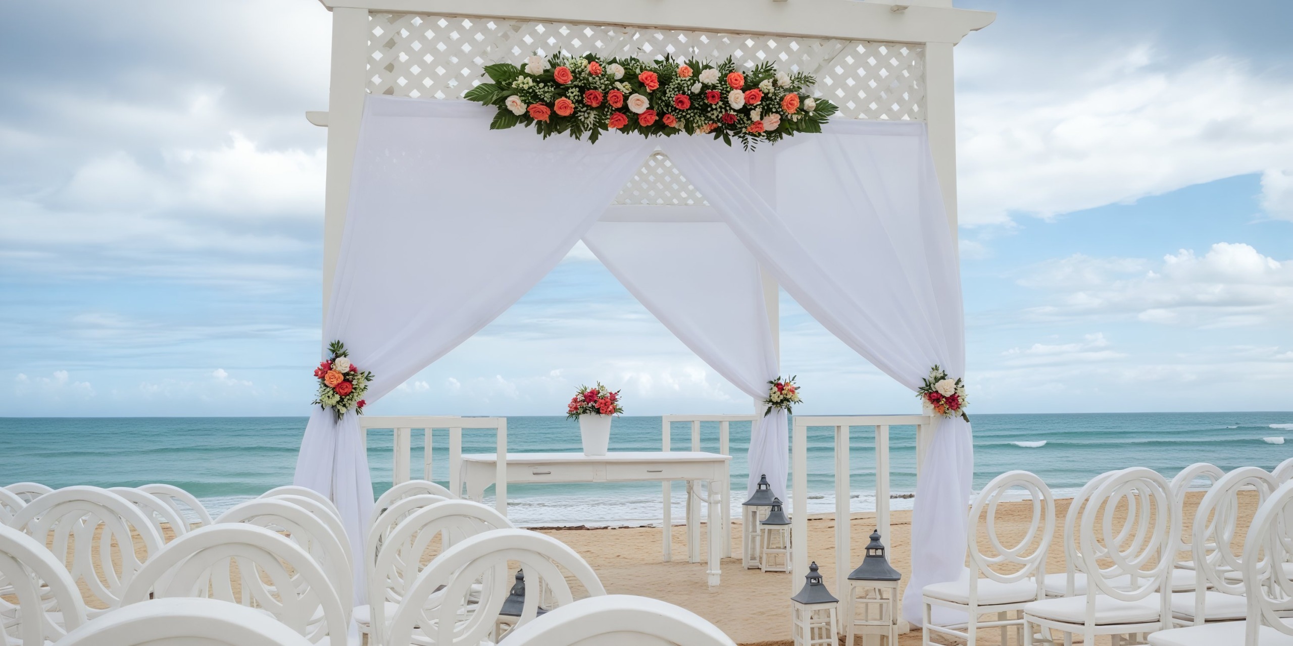 A destination wedding by the sea featuring a beautifully arranged setup with white chairs, an elegantly draped arch, and stunning floral decorations.