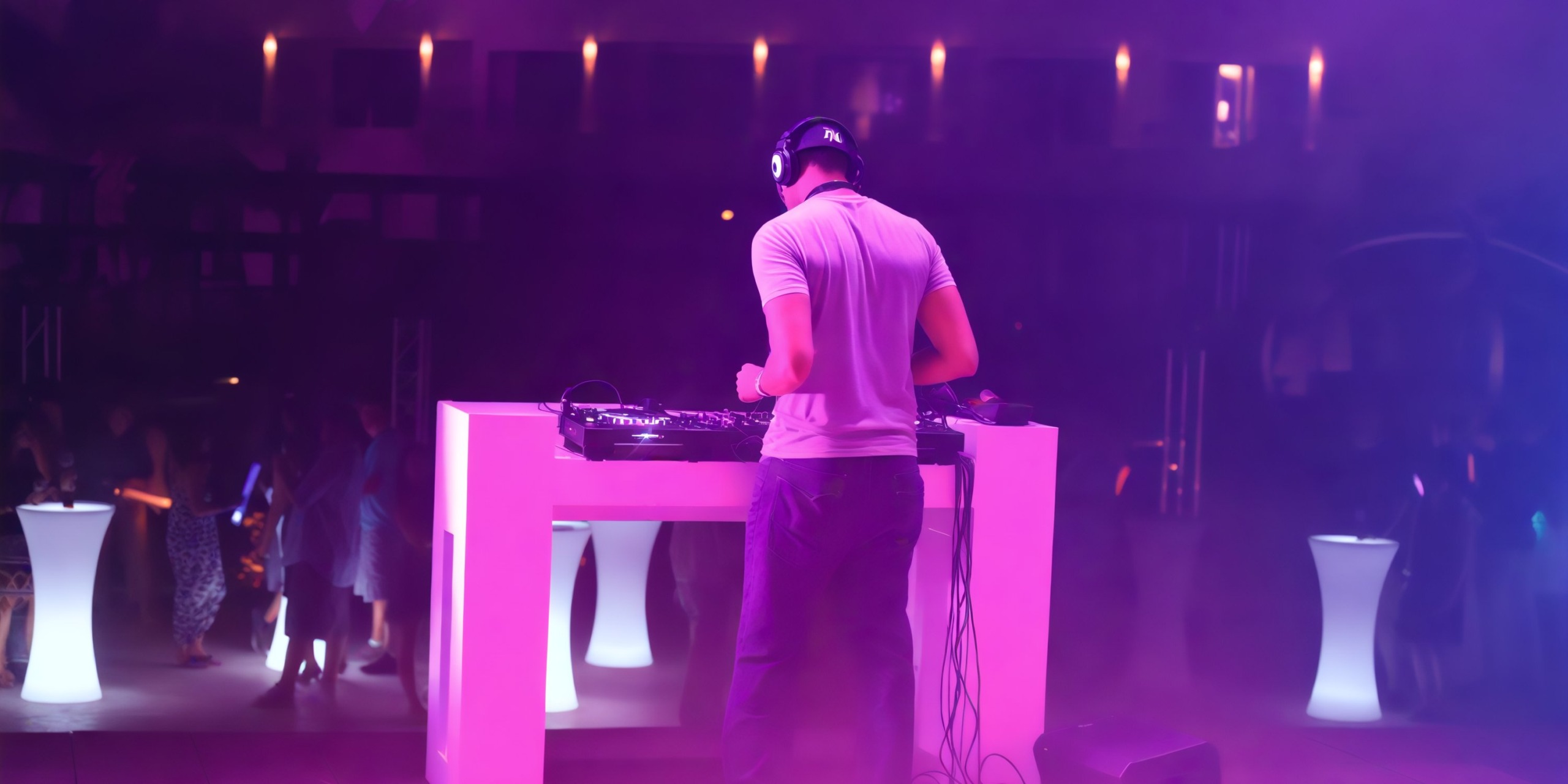 A DJ spinning tracks at a destination wedding at Royalton CHIC Punta Cana, immersed in purple lighting and wearing headphones.