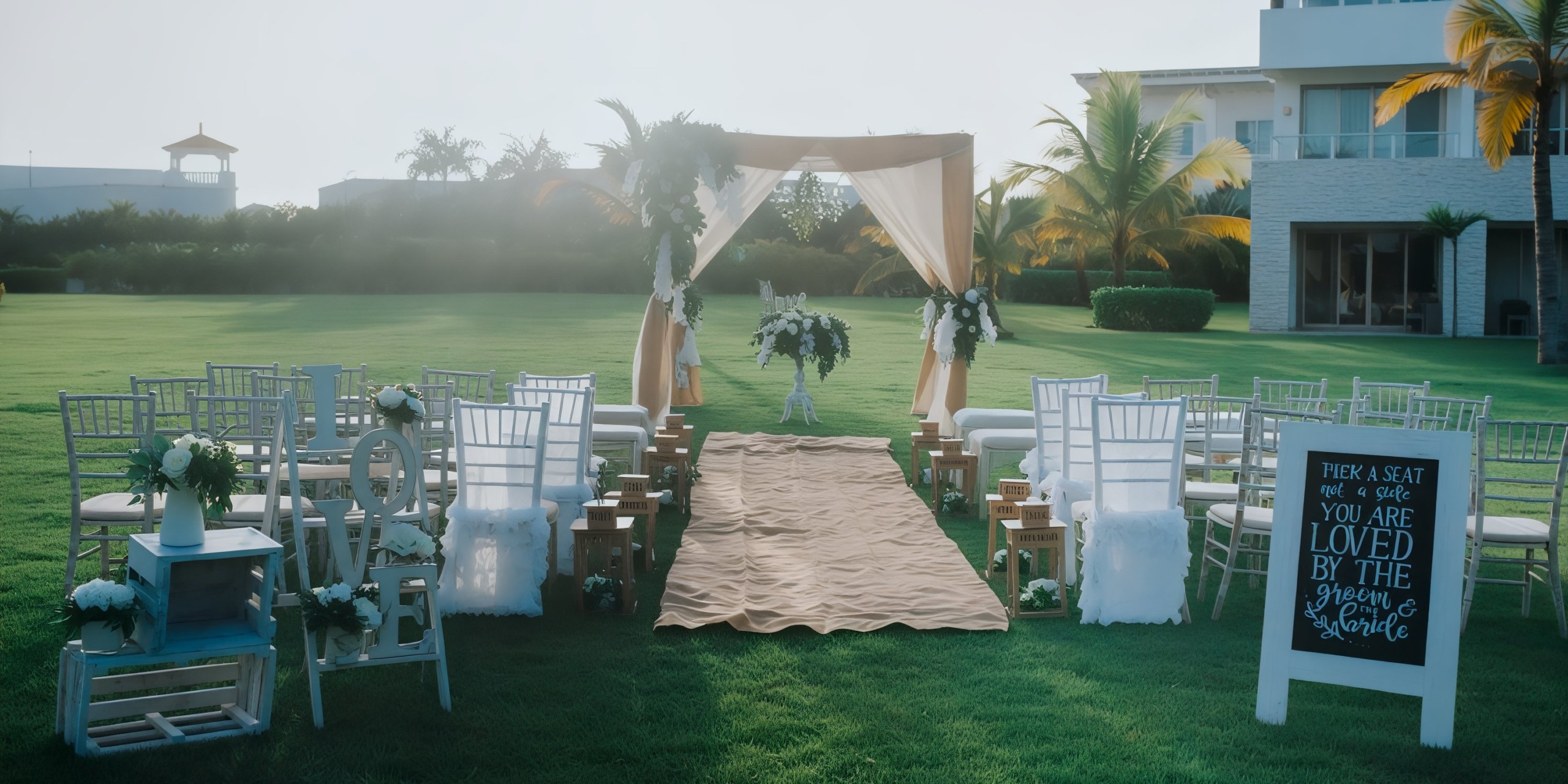 Experience a breathtaking destination wedding at Royalton CHIC Punta Cana, complete with elegant chairs, beautiful floral arrangements, and a stunning arch set upon lush grass.