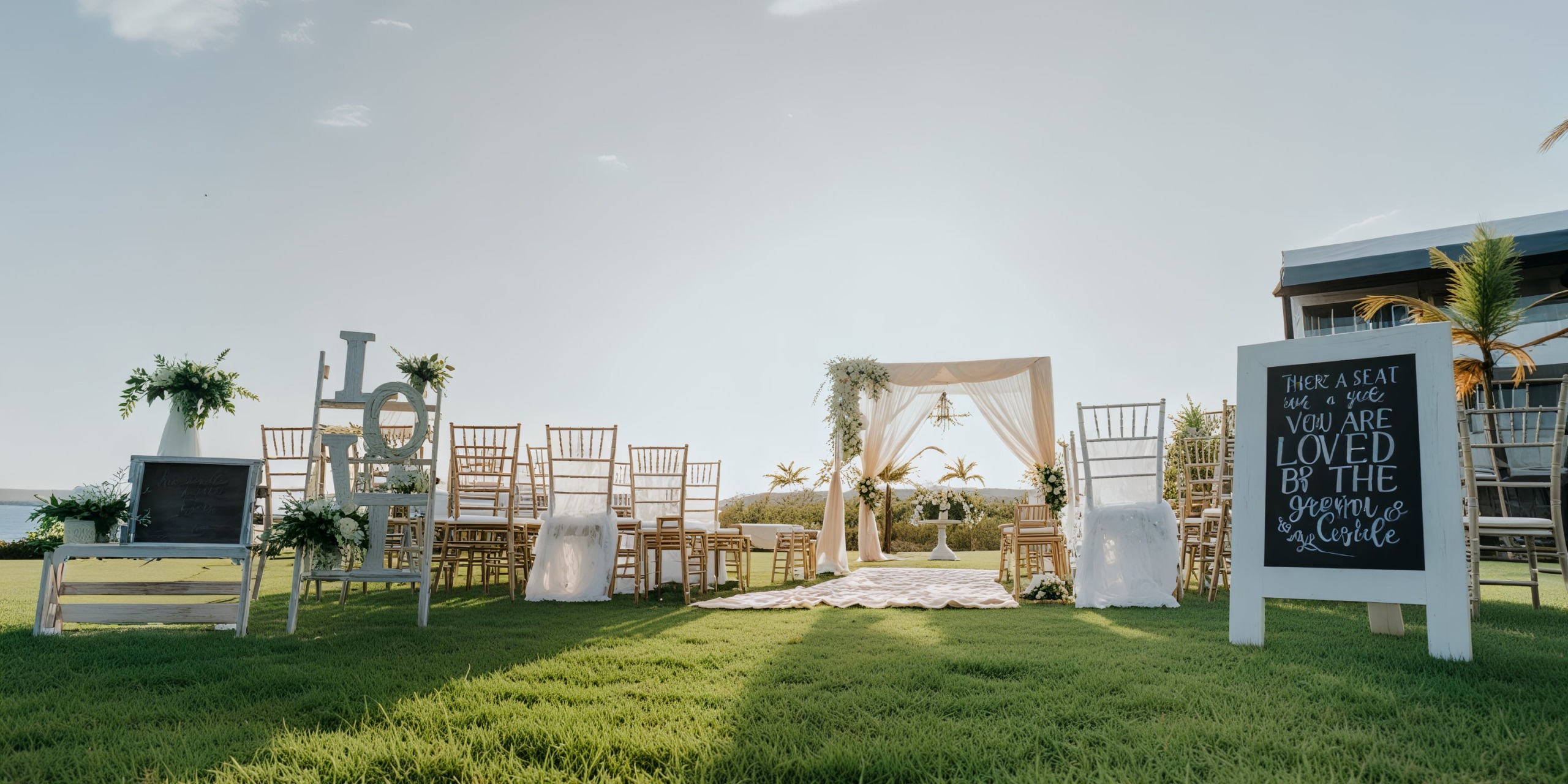 A destination wedding at Royalton CHIC Punta Cana features a picturesque outdoor setting complete with chairs, an altar, and charming signs on a lush grassy area.