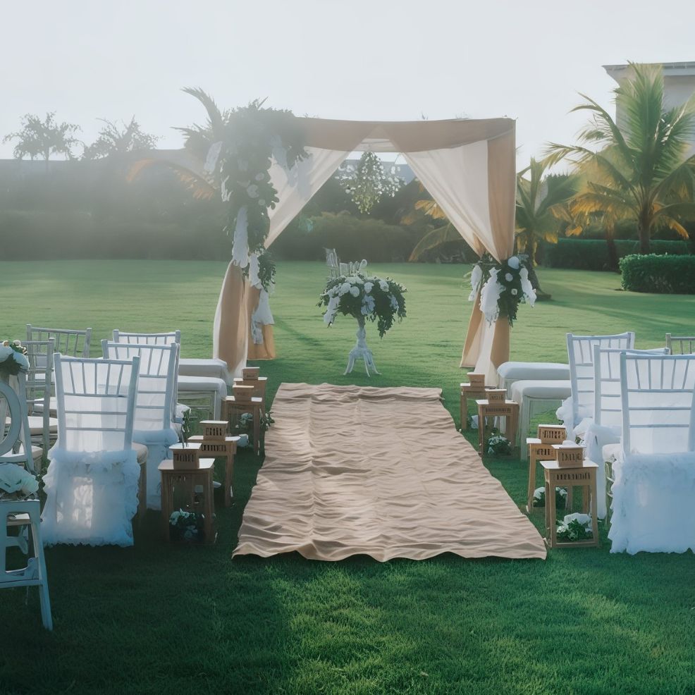 A beautiful setup for a destination wedding ceremony featuring chairs arranged along an aisle and a floral arch set on a lush, grassy lawn.