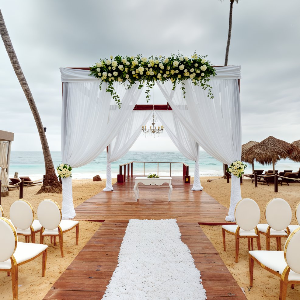 A destination wedding setup featuring a stunning white drapery, a floral arch, and seating arranged to face the ocean.