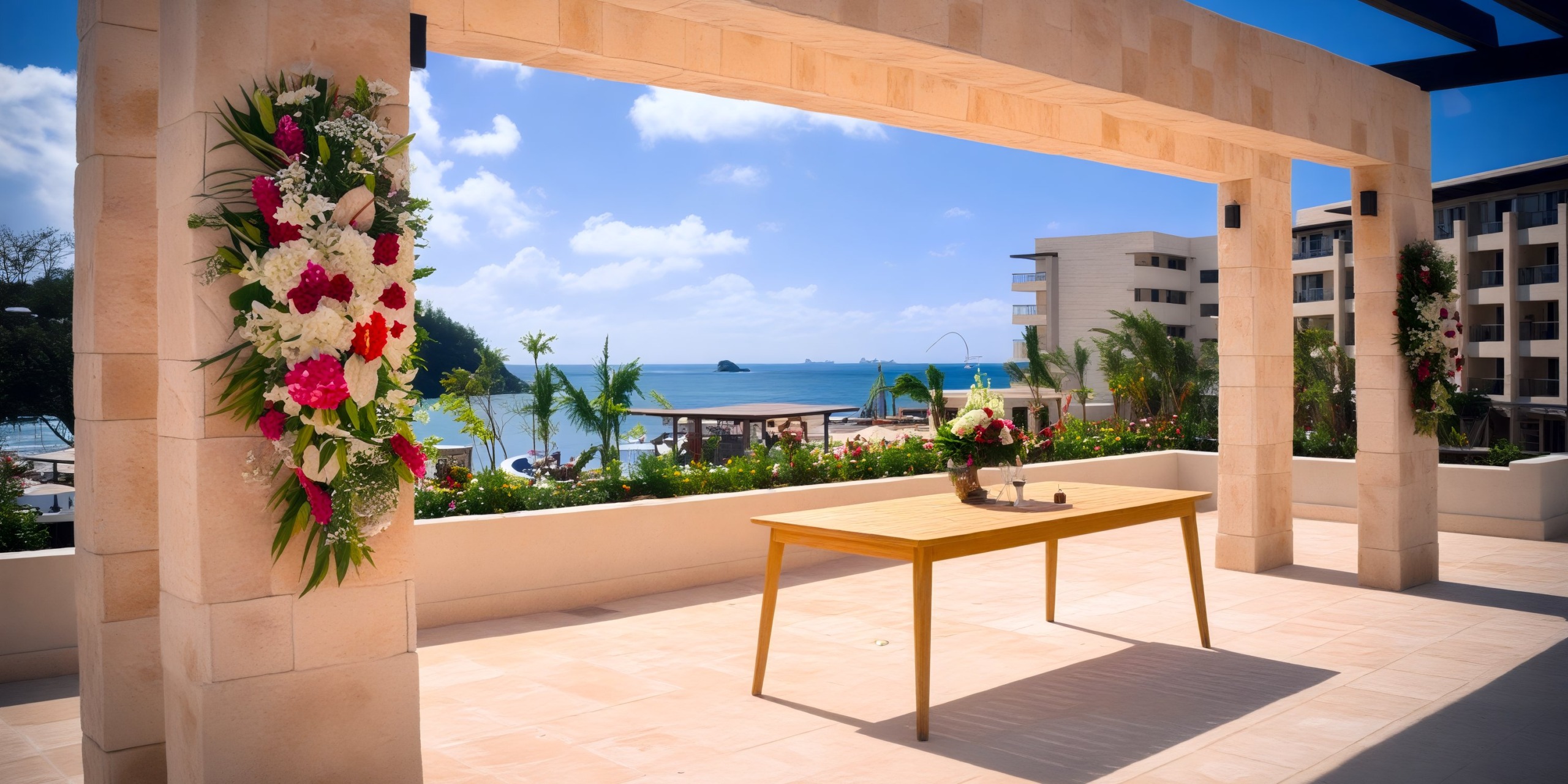 A destination wedding at the Royalton St. Lucia Resort features a stunning setup with a floral arch and elegantly arranged table on the sea-view balcony.