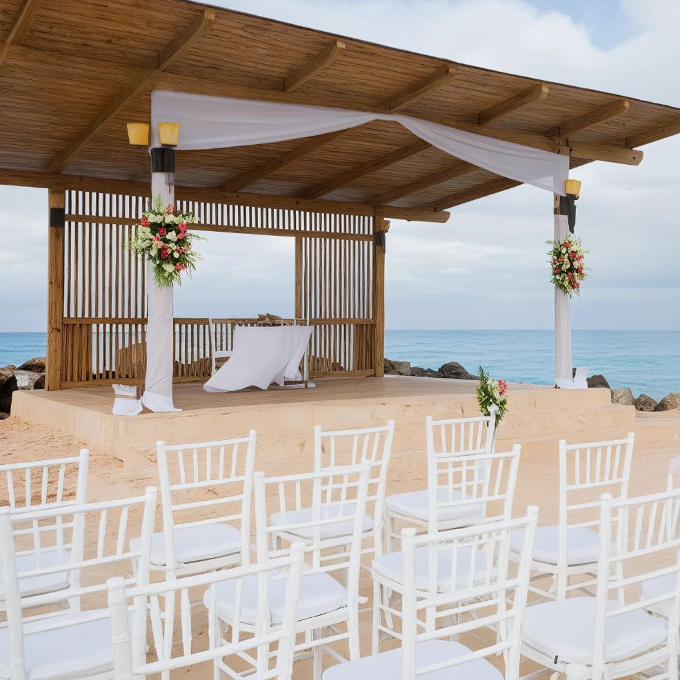 An outdoor wedding venue setup on a sandy beach features a wooden canopy adorned with floral arrangements, white drapes, and rows of white chairs facing the altar.