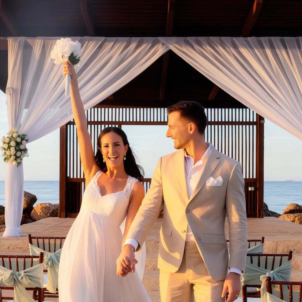 A newlywed couple celebrates at an outdoor wedding venue. The bride, in a white dress, raises her bouquet while the groom, in a beige suit, looks at her. The backdrop includes draped fabric and ocean views.