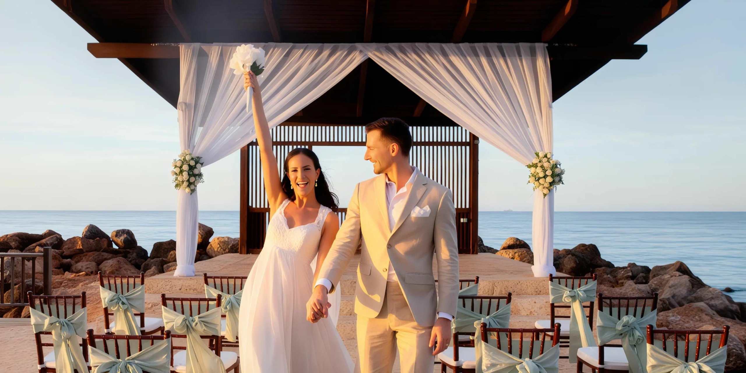 A bride in a white dress and a groom in a beige suit walk hand-in-hand down the aisle, with the bride raising her bouquet. They are outdoors, with an ocean backdrop and an altar decorated with white drapes.