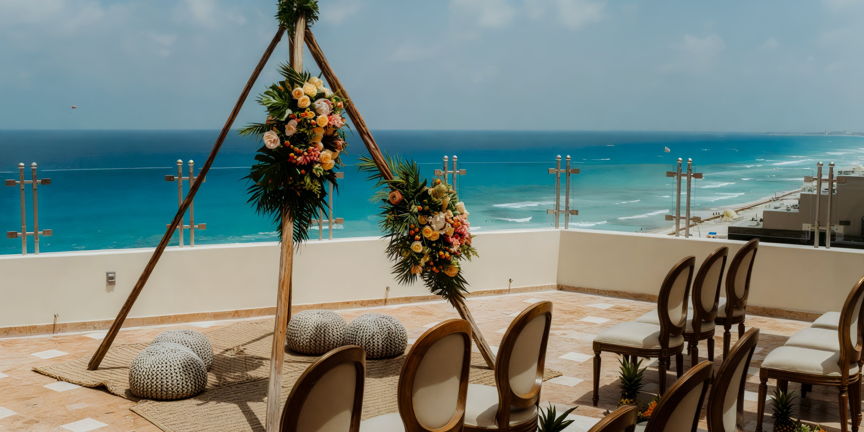 A beautiful destination wedding setup at Sandos Cancun features an elegant arch, tastefully arranged chairs, and stunning floral decor by the seaside.