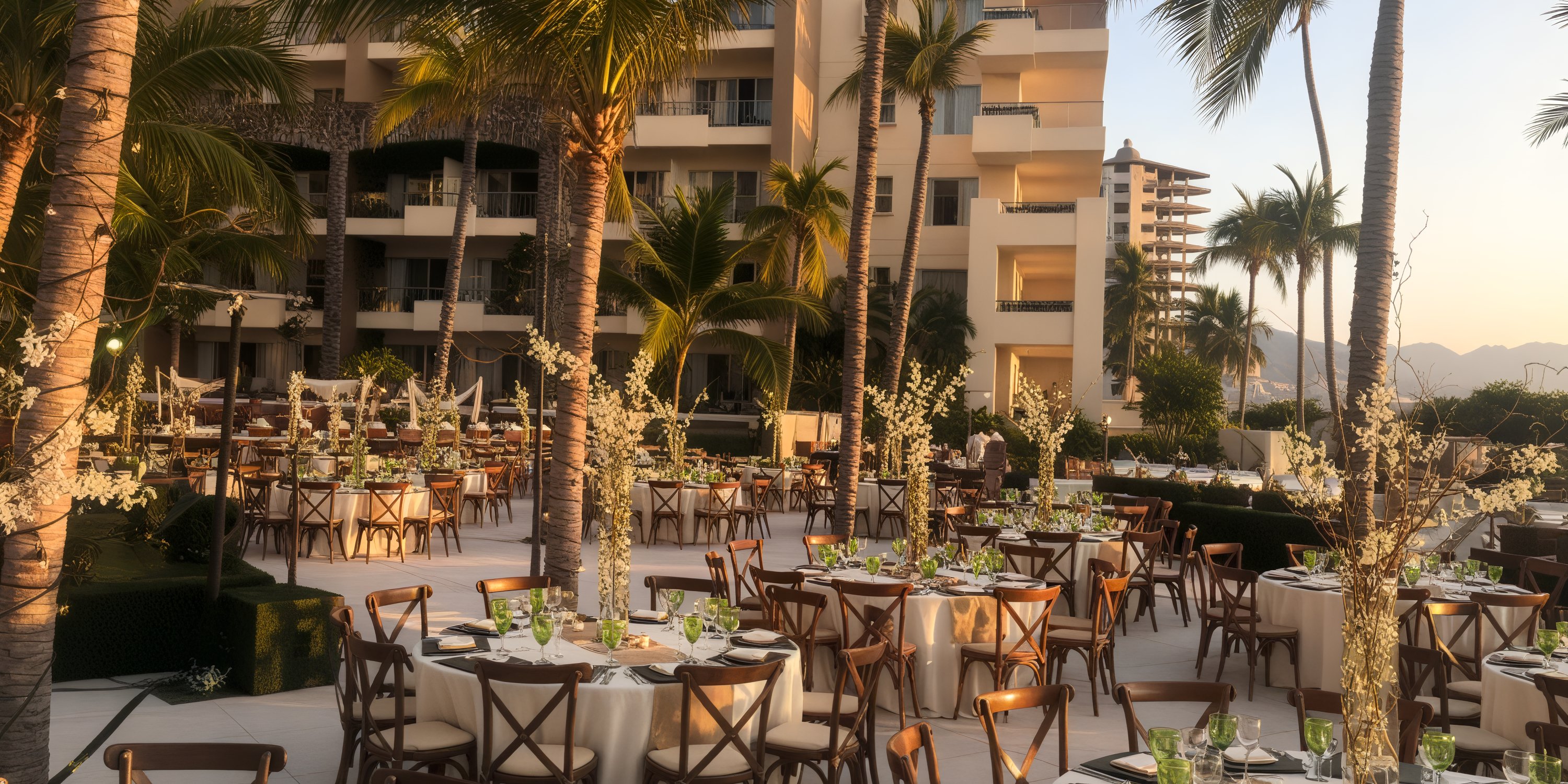 The outdoor setup at Secrets Vallarta Bay is perfect for a destination wedding, featuring elegant tables and chairs nestled among picturesque palm trees.