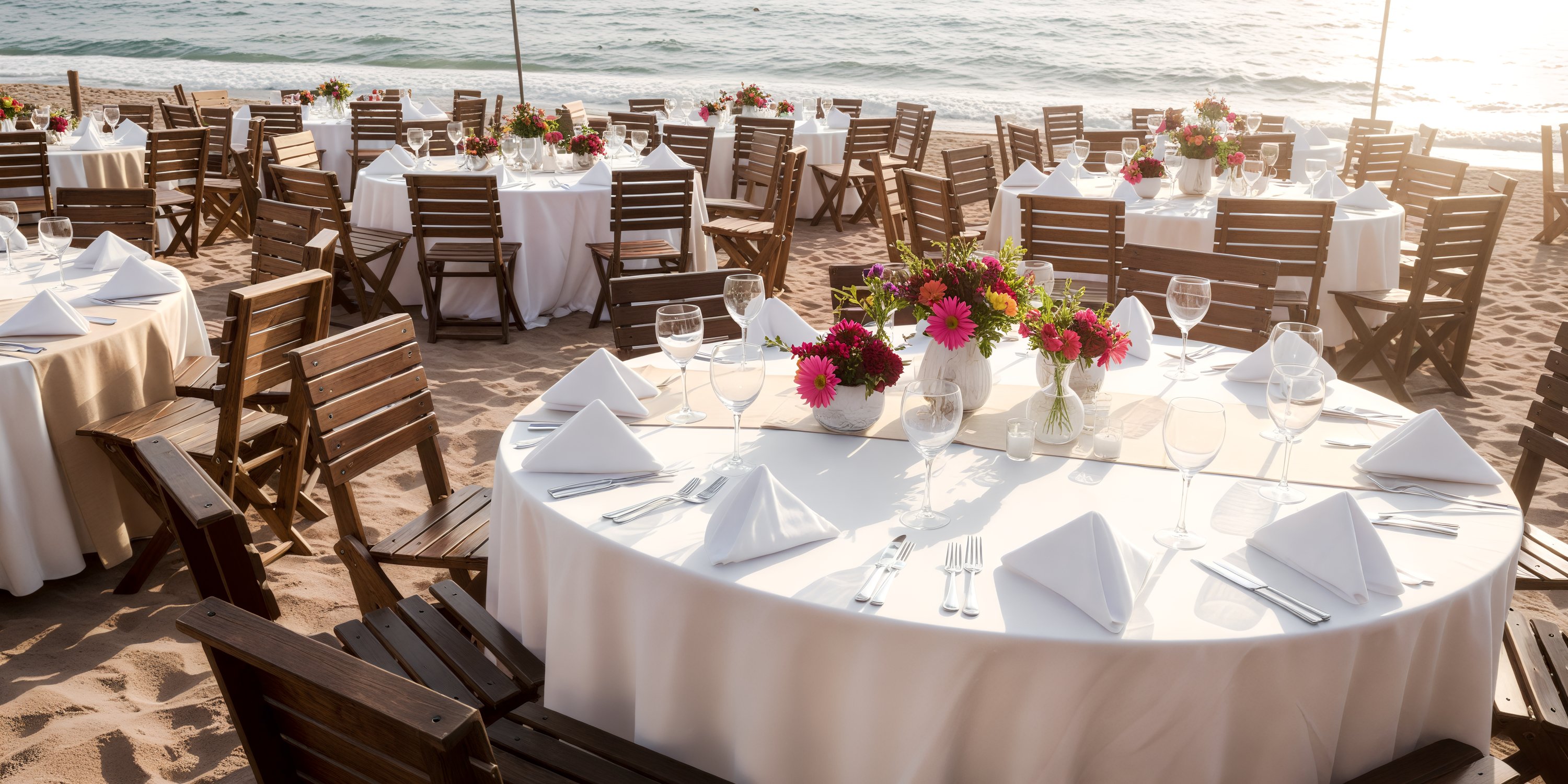 Secrets Vallarta Bay offers a stunning setting for your destination wedding, featuring round tables adorned with white tablecloths and elegant floral centerpieces, perfect for beachside dining.