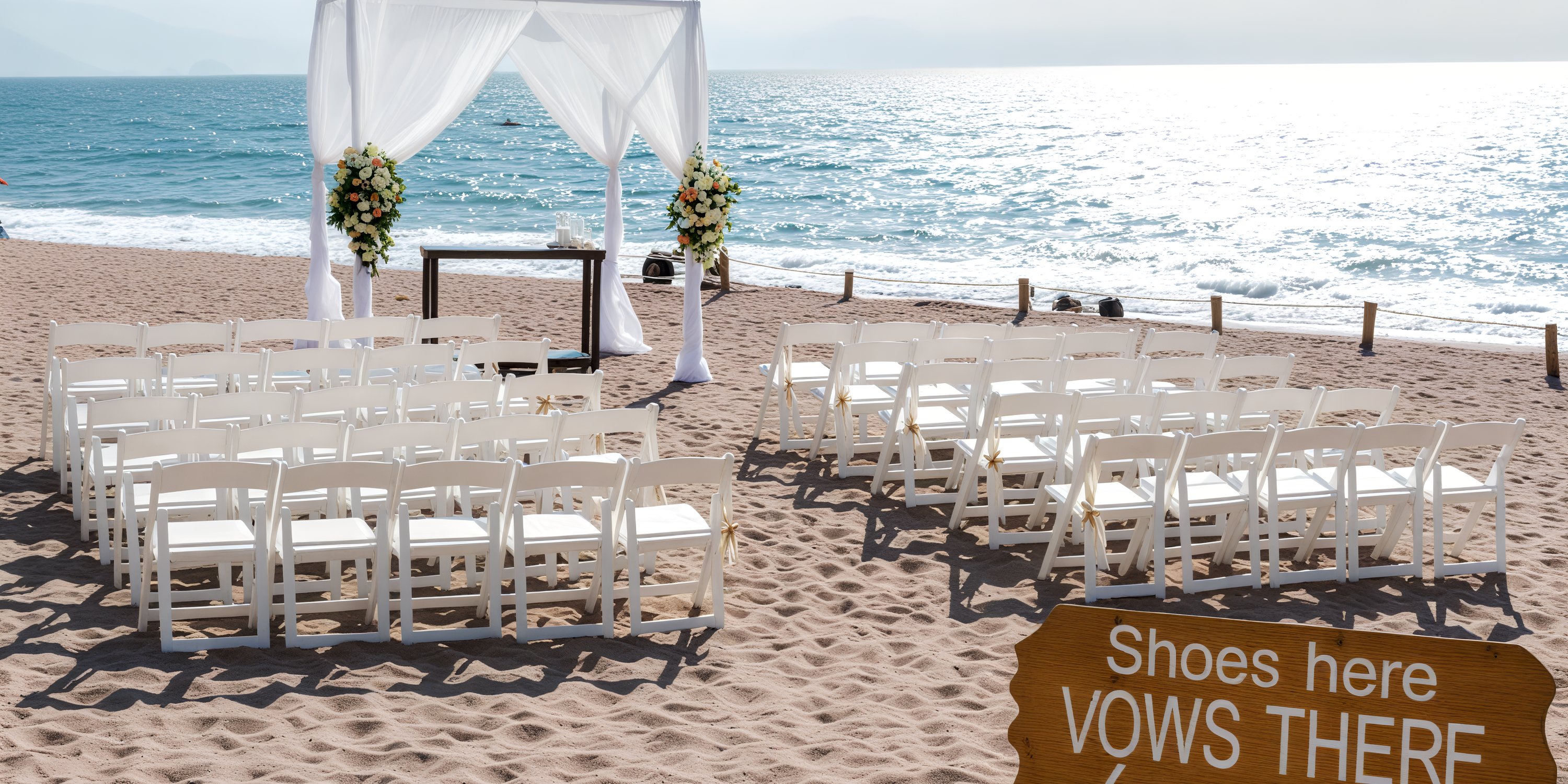 A beautiful destination wedding at Secrets Vallarta Bay, featuring a serene beach setting with white chairs and a stunning floral arch by the sea.