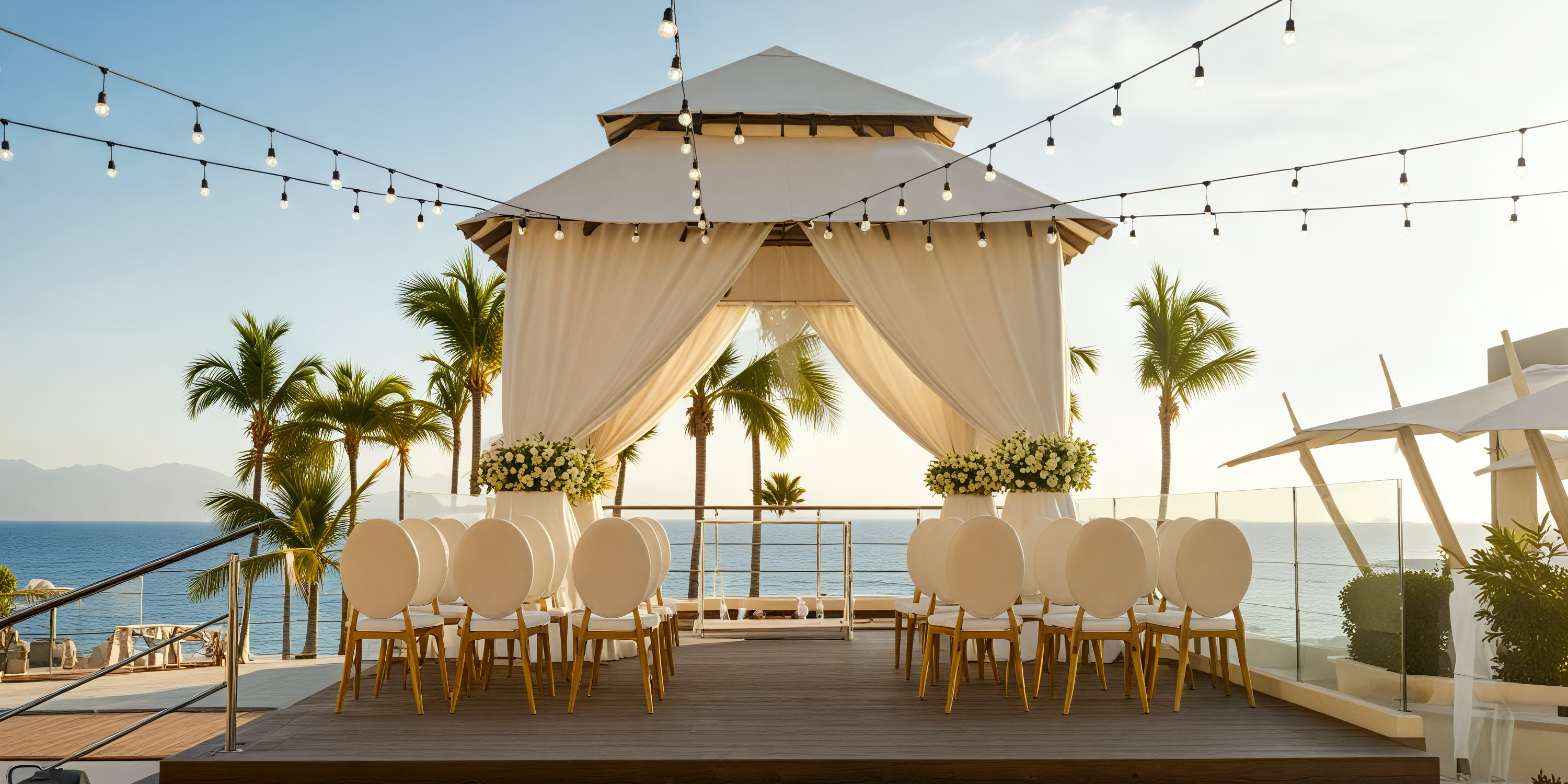 Secrets Vallarta Bay provides the perfect setting for a destination wedding, offering oceanfront ceremonies complete with chairs, a tent, and enchanting string lights.