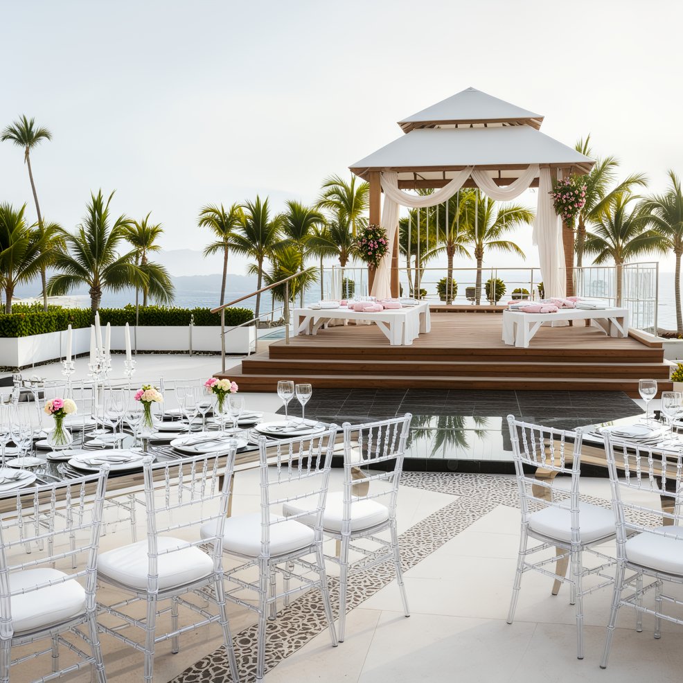 Seaside destination wedding featuring a beautifully adorned gazebo and elegantly arranged dining tables.