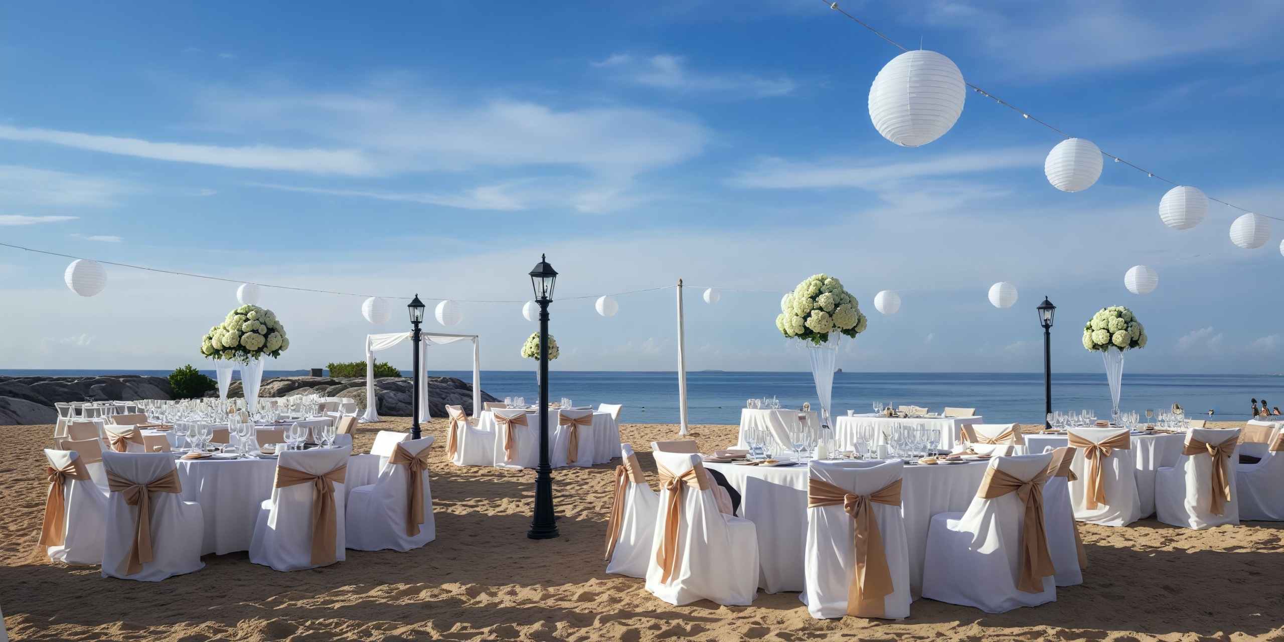 A destination wedding setup at Secrets Wild Orchid features elegantly decorated tables and chairs under a clear sky.