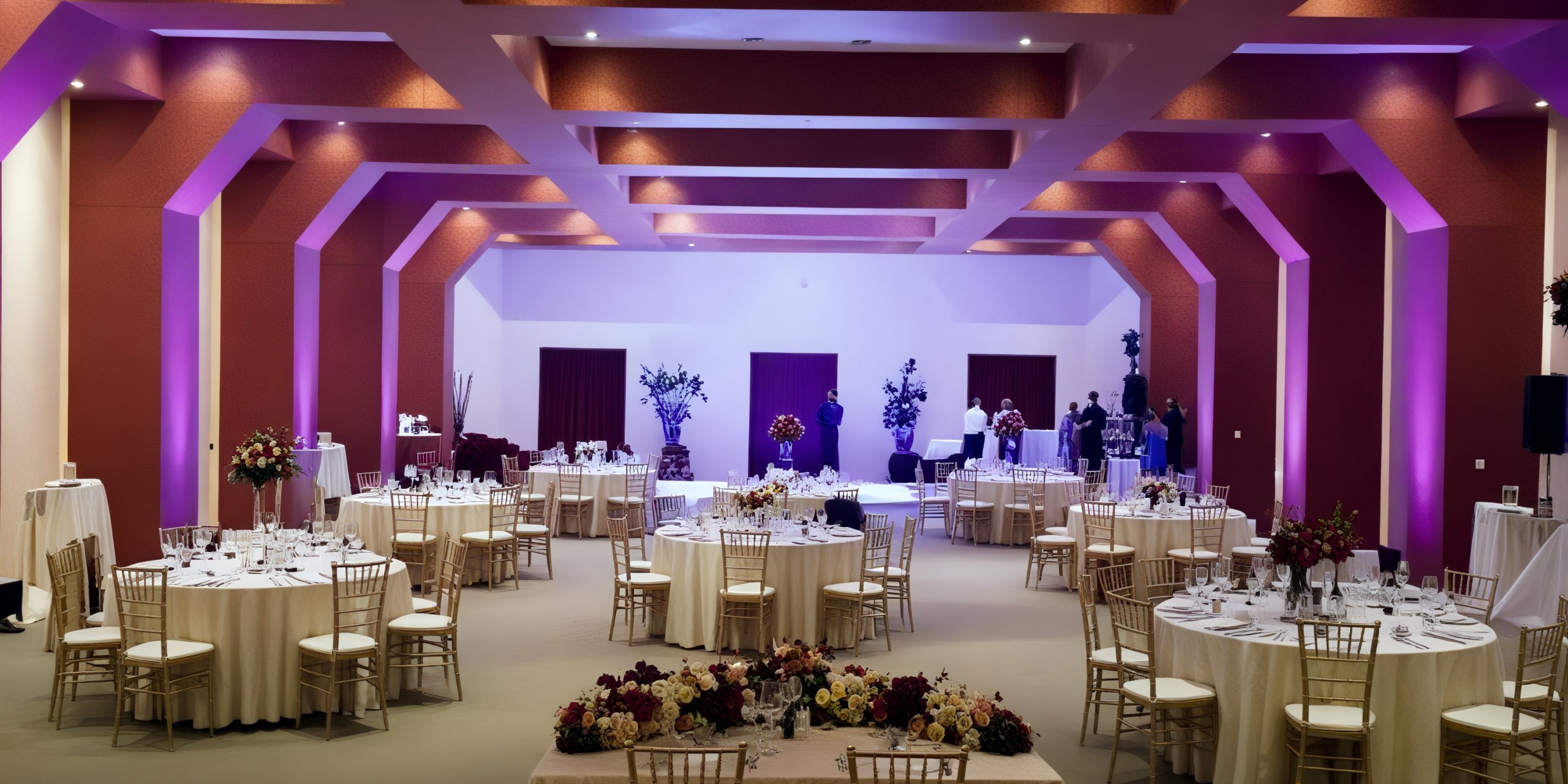 Sanctuary Cap Cana: A sophisticated wedding venue featuring round tables adorned with flowers and bathed in romantic purple ambient lighting, perfect for a destination wedding.