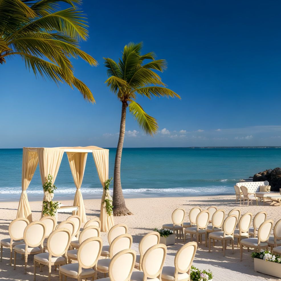 Experience a stunning destination wedding at Sanctuary Cap Cana, featuring a picturesque beach ceremony with elegant chairs, a beautifully adorned floral arch, and majestic palm trees by the ocean.