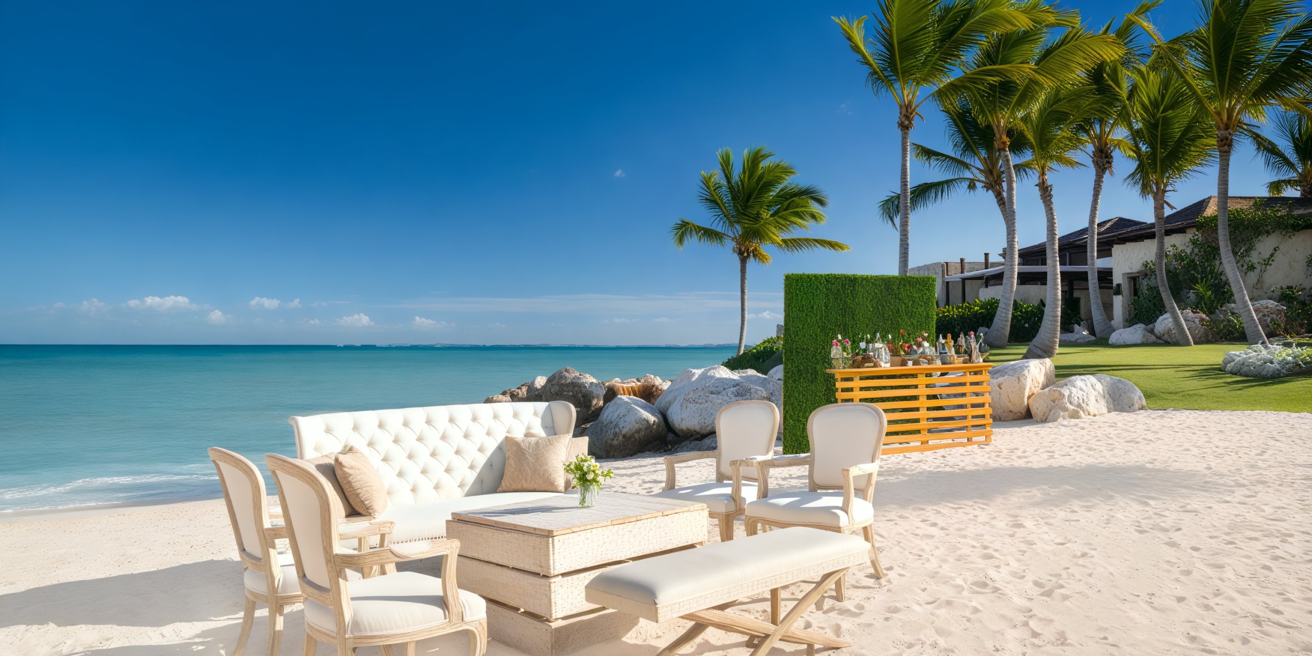 Sanctuary Cap Cana offers an idyllic setting for a destination wedding, showcasing elegant white furniture, a stylish bar counter, and picturesque palm trees beneath a clear blue sky.