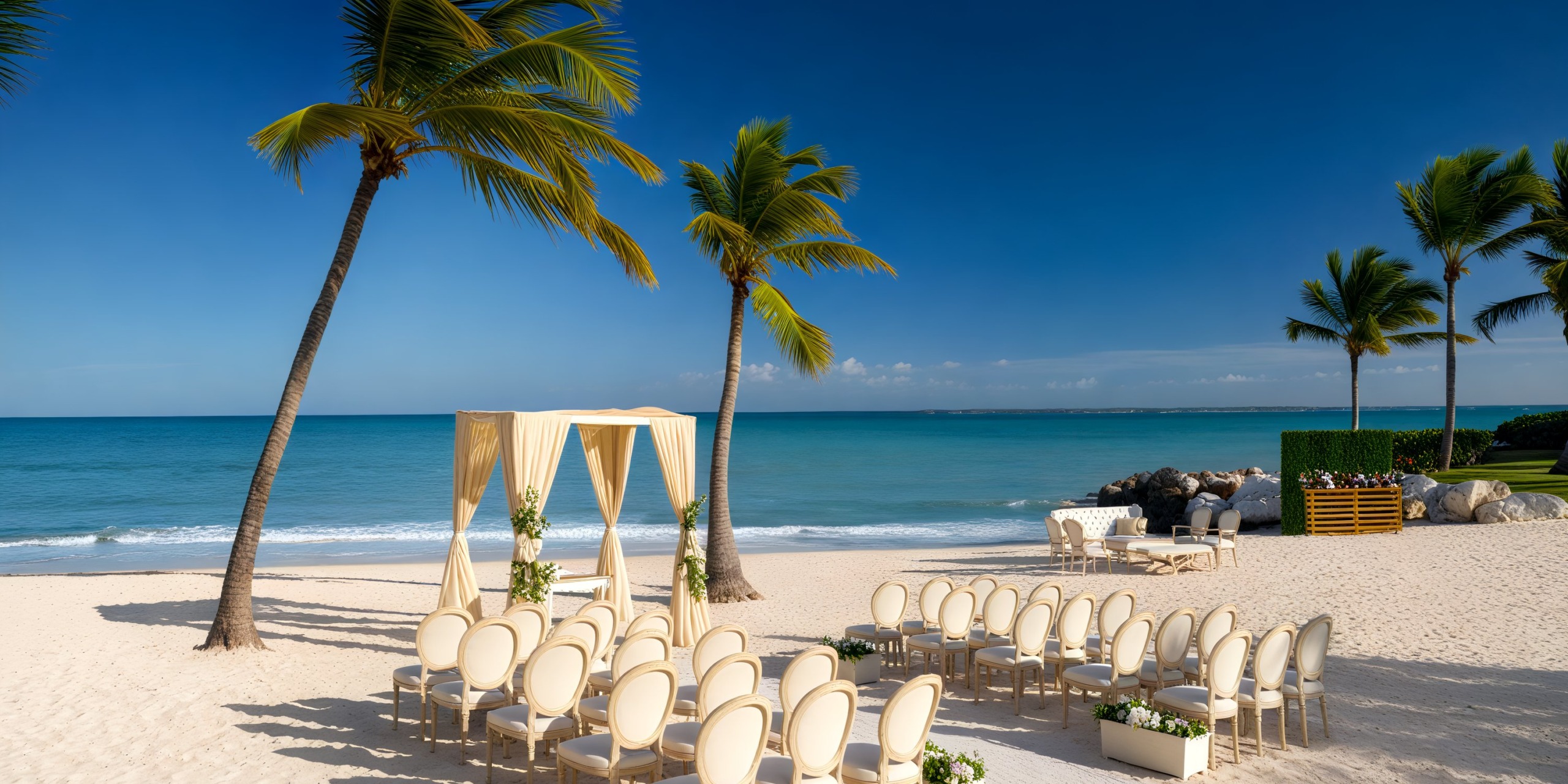Destination wedding on the sands of Sanctuary Cap Cana, featuring a beautifully adorned arch and seating beneath the swaying palm trees.
