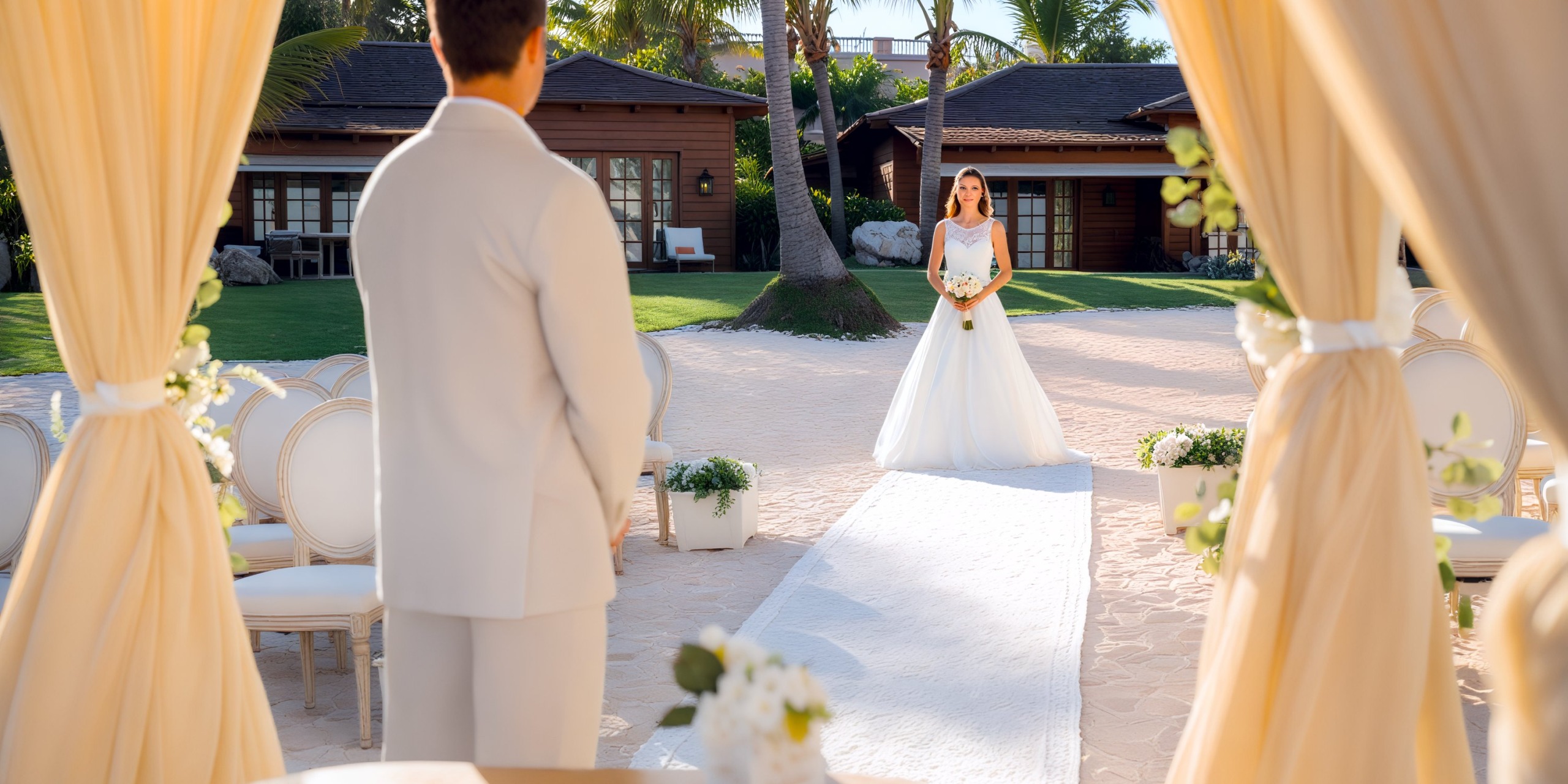 The bride gracefully walks towards the groom in an outdoor destination wedding at Sanctuary Cap Cana.