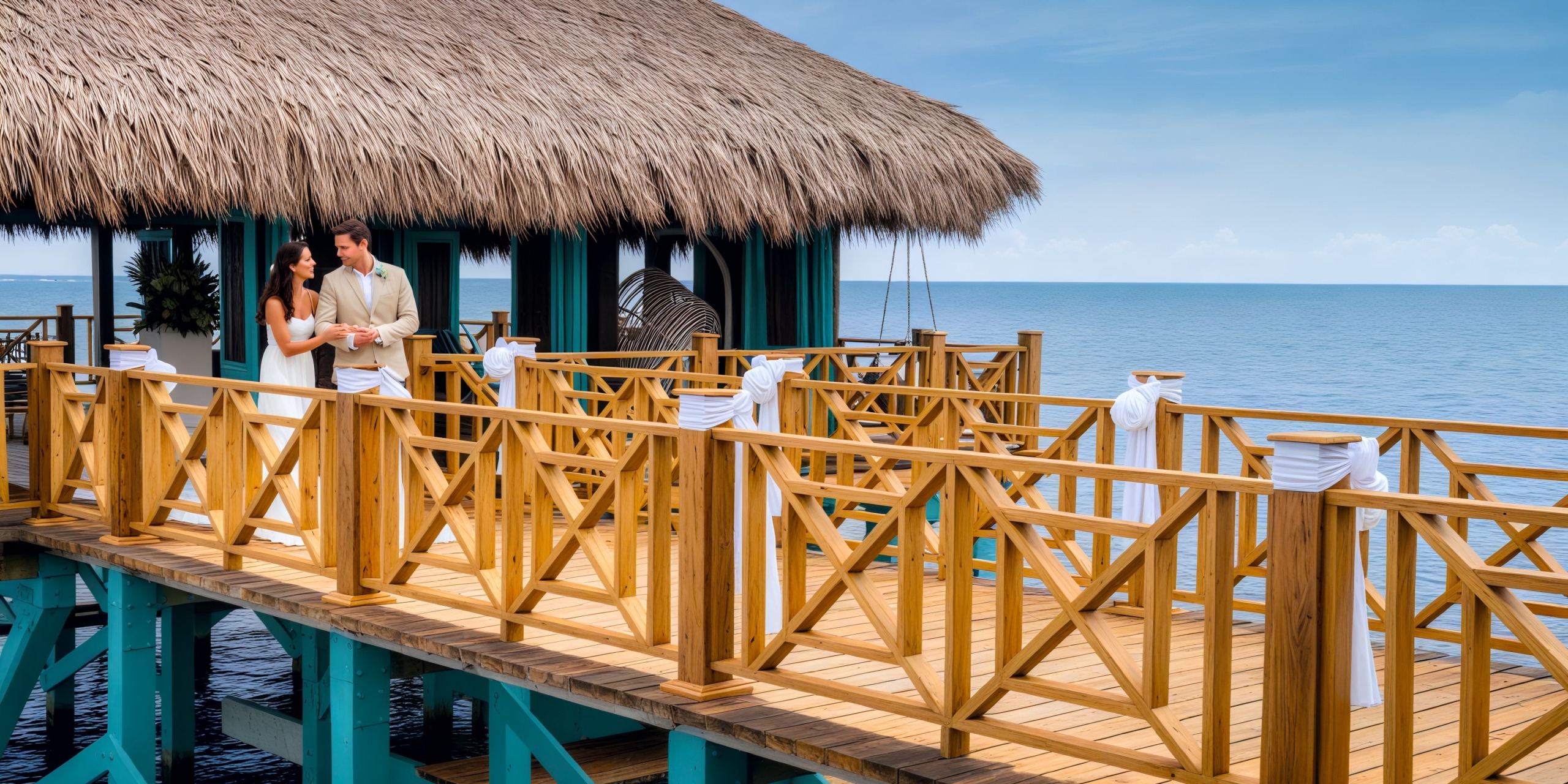 A couple at Sanctuary Cap Cana stands on a dock beside an oceanfront thatched-roof hut, perfect for a picturesque destination wedding.