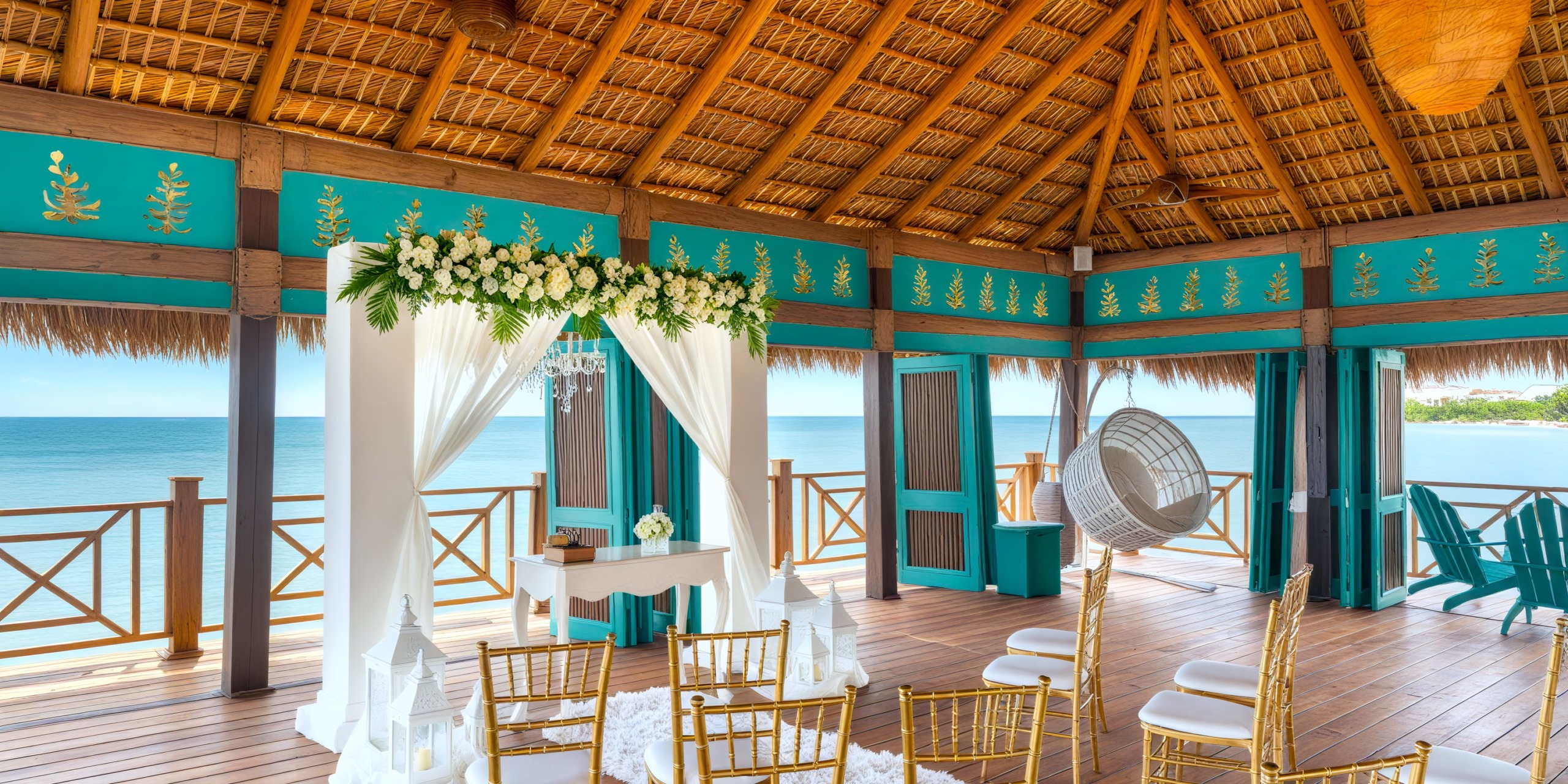 Sanctuary Cap Cana: Destination wedding setup featuring chairs, an altar, and a breathtaking ocean view.