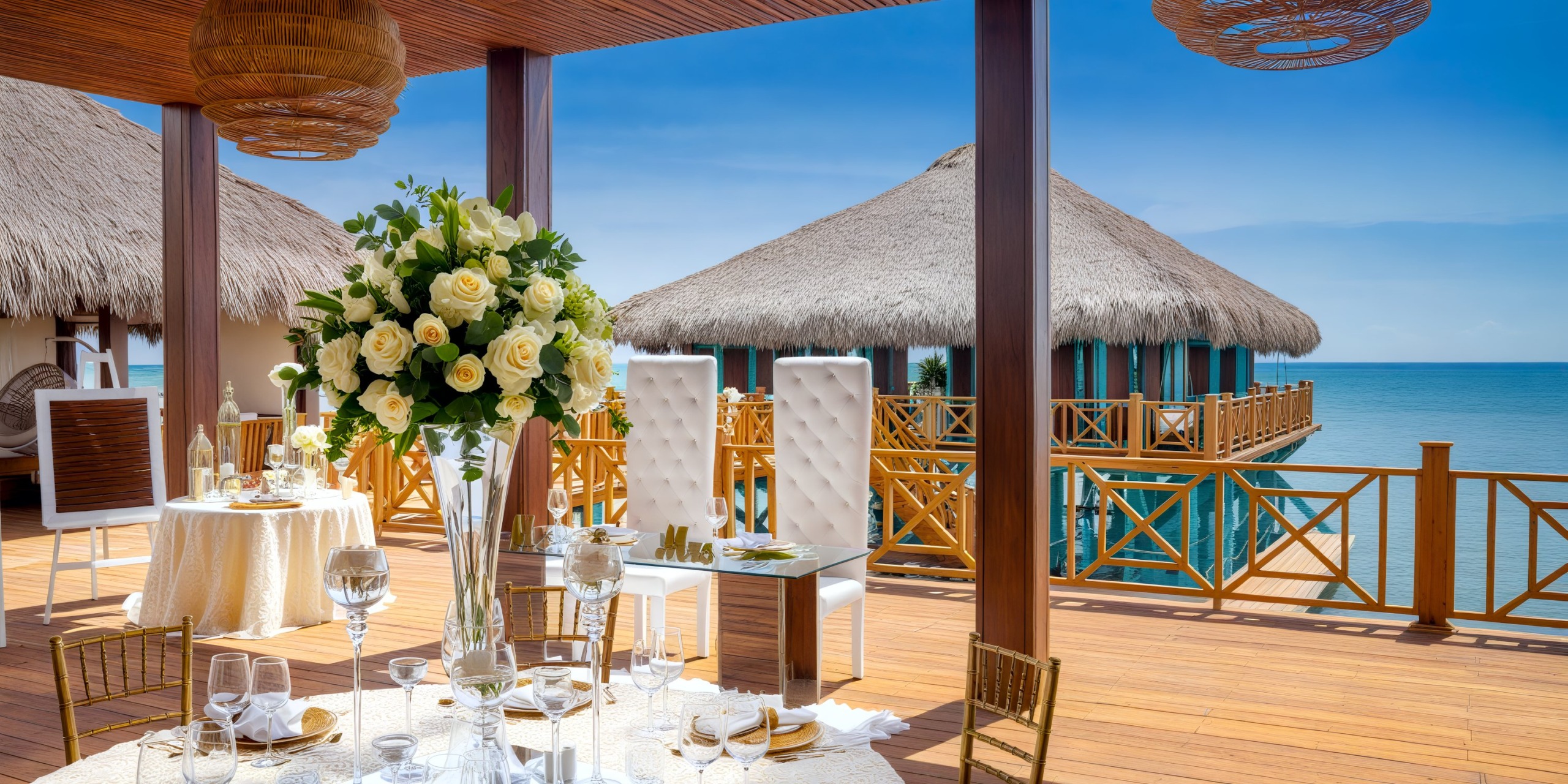 Sanctuary Cap Cana offers a stunning deck dining setup for your destination wedding, complete with breathtaking ocean views and an elegant floral centerpiece.