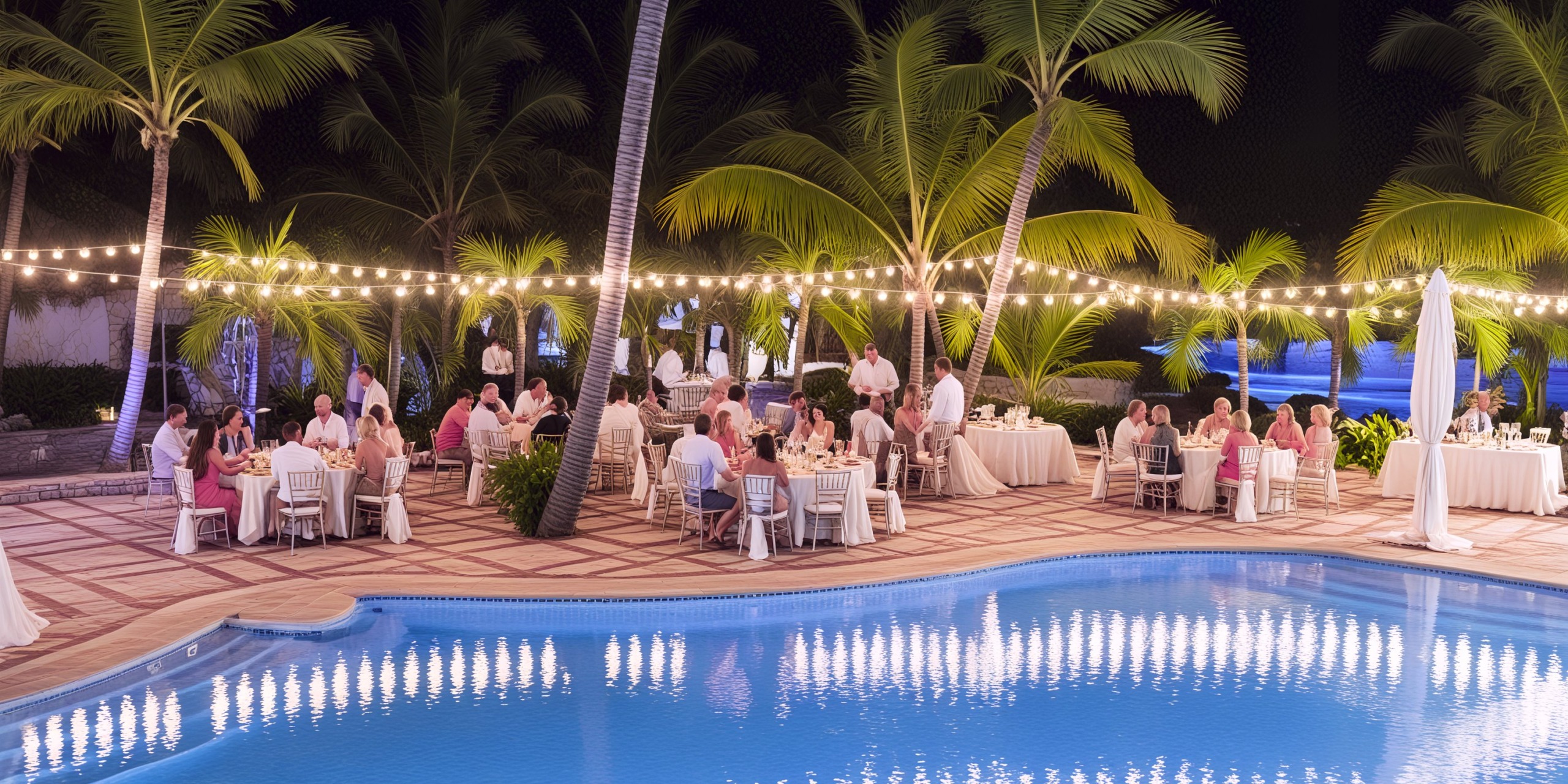Enjoy an enchanting outdoor dining experience by the pool, surrounded by string lights and palm trees, perfect for a wedding celebration at Sanctuary Cap Cana.