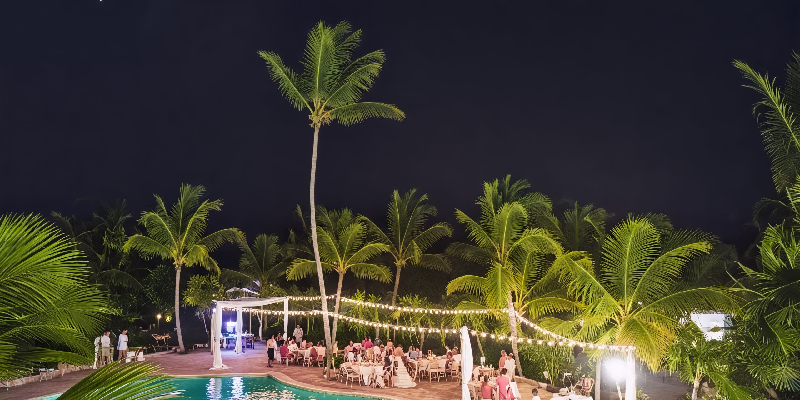 Join us for an enchanting evening poolside wedding event at Sanctuary Cap Cana, where palm trees sway gently in the breeze and twinkling string lights create a magical atmosphere perfect for your destination wedding.