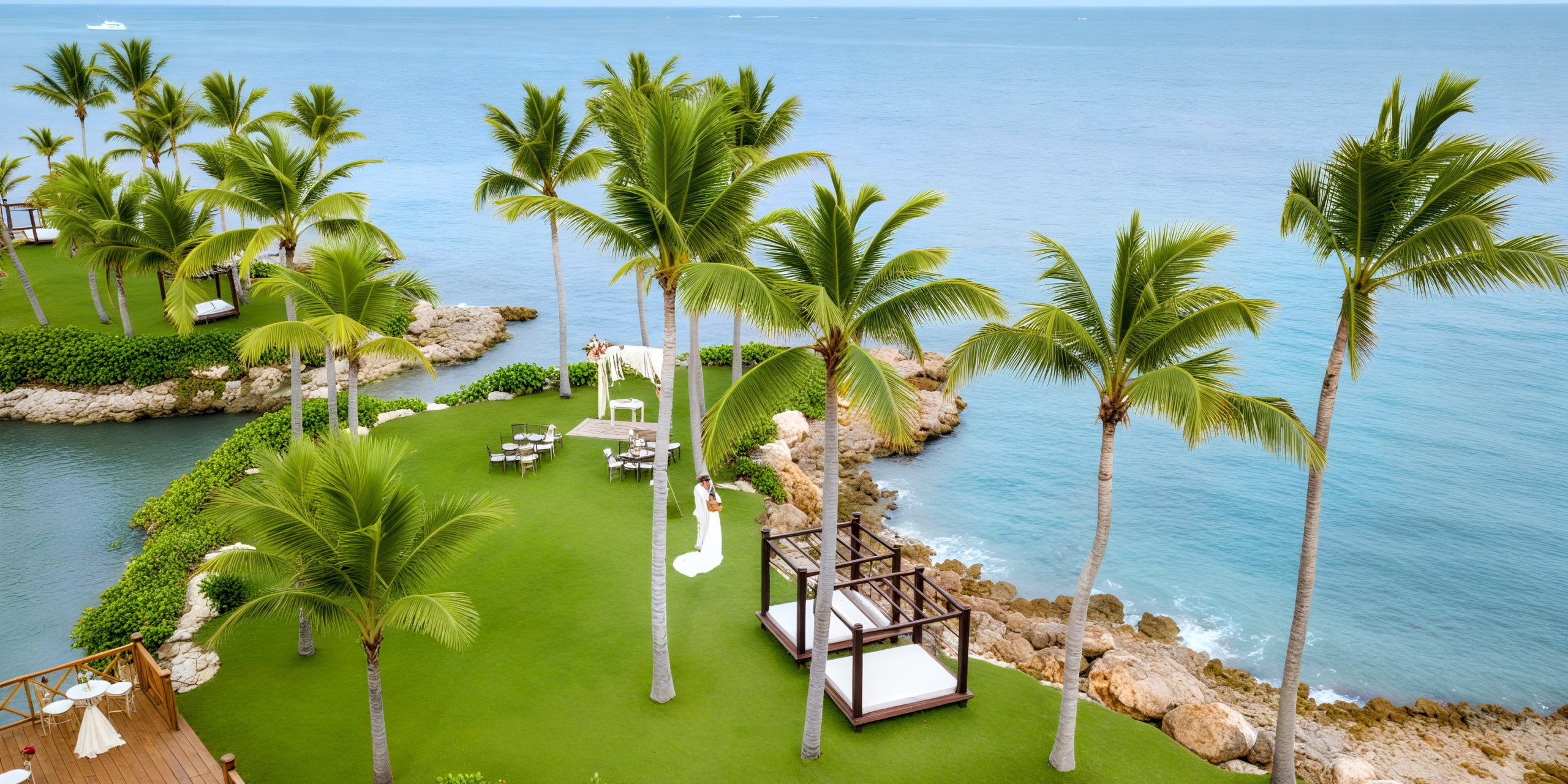 Sanctuary Cap Cana, an ideal spot for a destination wedding, boasts palm trees, lush grass, charming cabanas, and breathtaking ocean views.