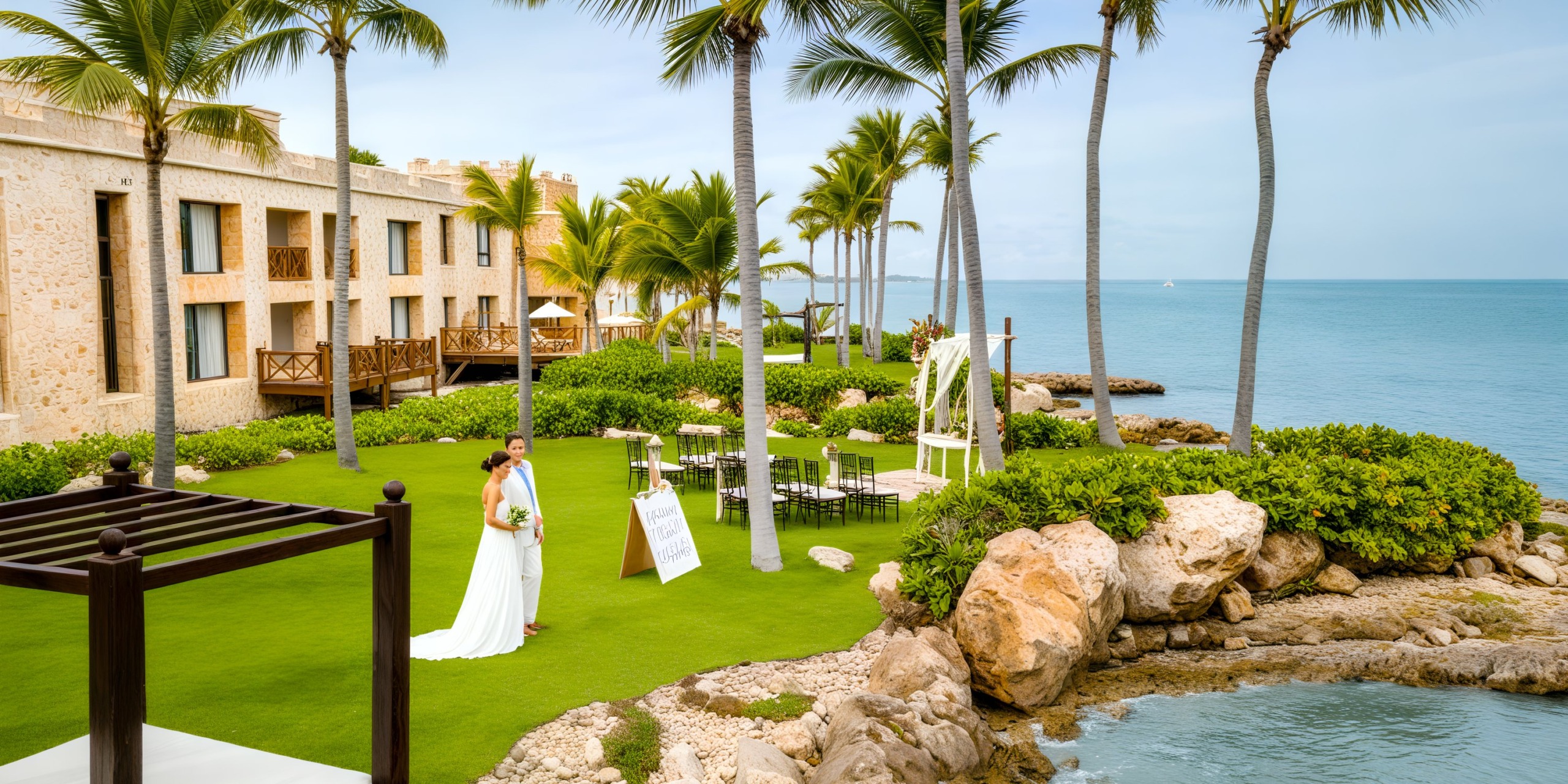 A bride stands on the grassy shore by the ocean, surrounded by palm trees and a wedding setup at Sanctuary Cap Cana, perfect for a destination wedding.