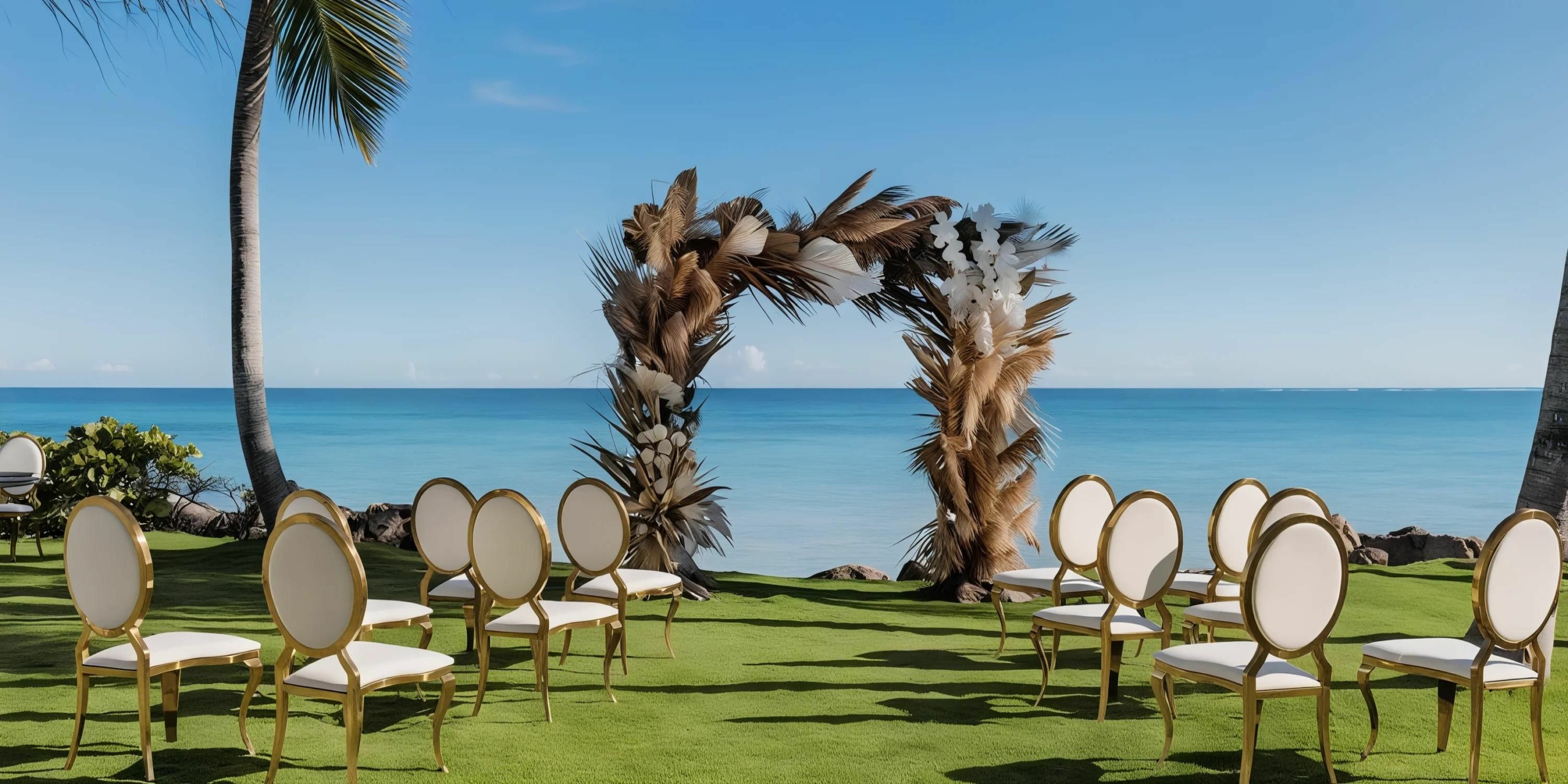 A seaside outdoor wedding setup with rows of white chairs facing a floral arch made of dried plants and palm fronds on a green lawn, with the ocean and clear blue sky in the background.