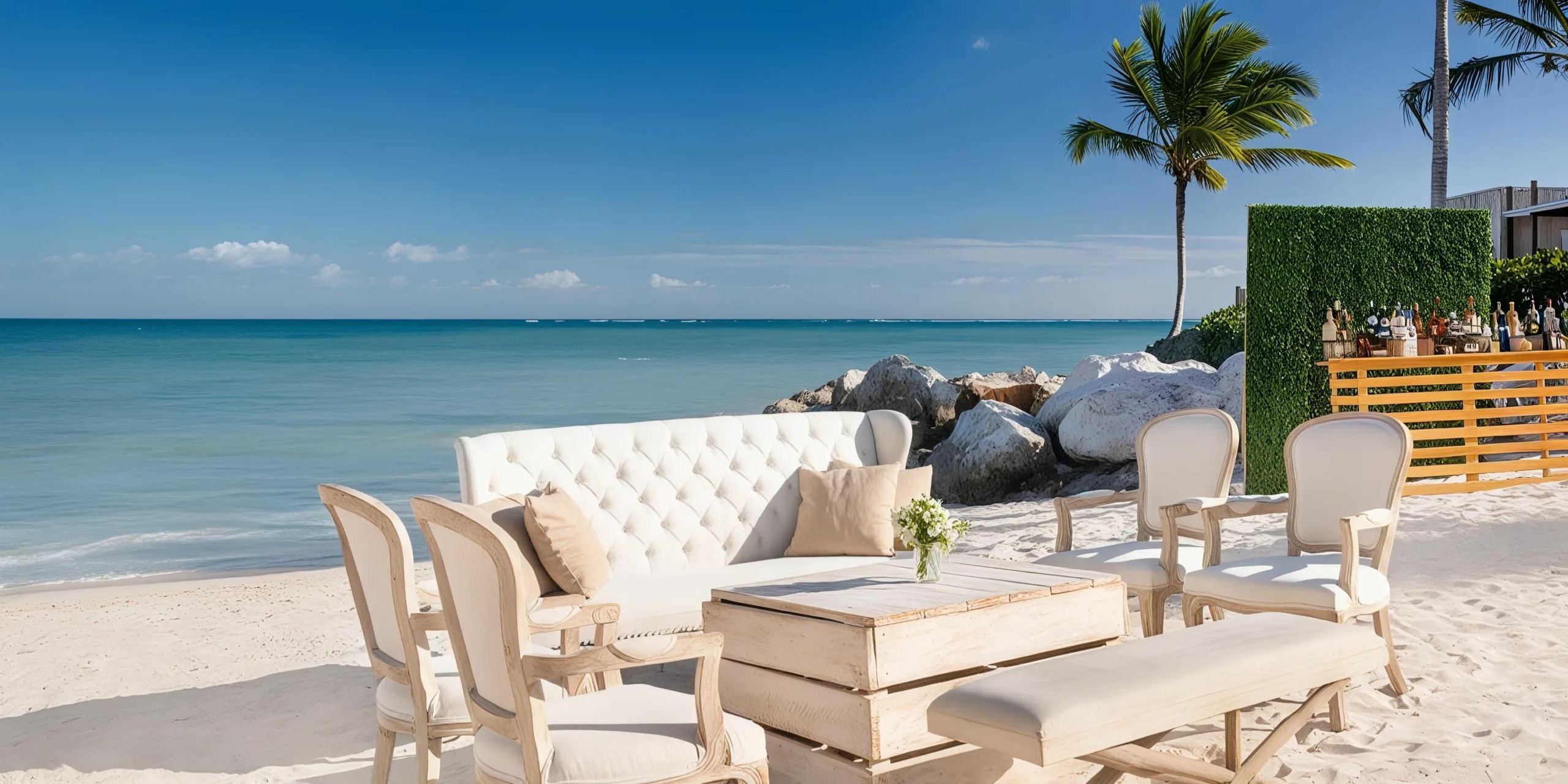 An outdoor seating area at Sanctuary Cap Cana featuring white furniture, including a couch, chairs, and a coffee table, set on a sandy beach with a palm tree, rocks, and the calm ocean in the background under a clear blue sky.