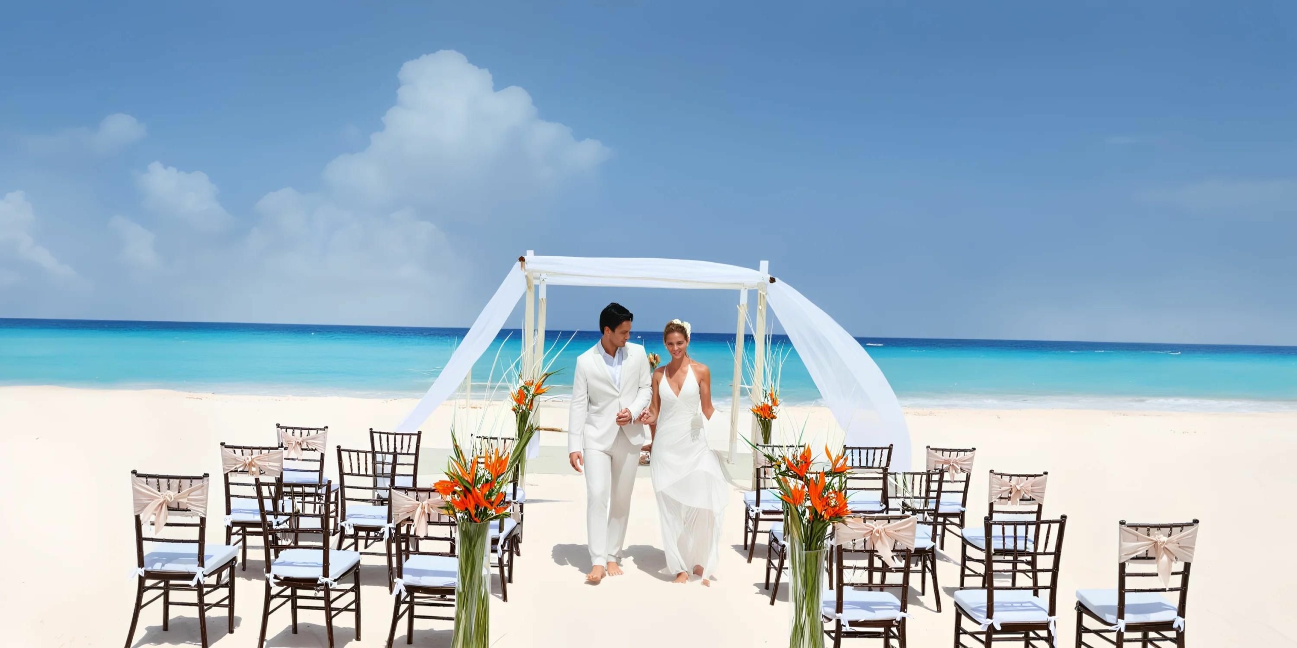 A couple in wedding attire walks down an aisle on a beach, with chairs and floral decorations on either side, and the ocean in the background.