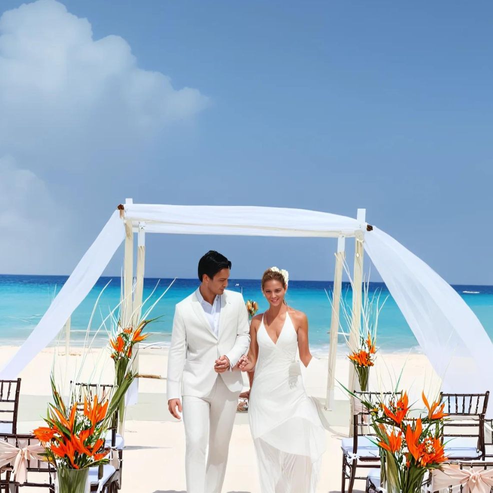 A couple in white attire walks down a beach aisle under a white canopy, with orange and white floral arrangements, against the backdrop of a serene ocean.