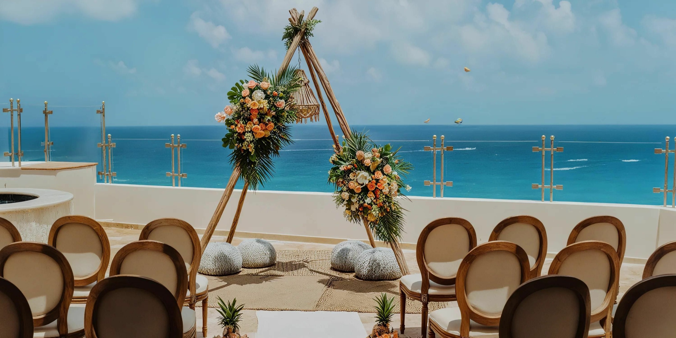 Outdoor wedding ceremony setup with chairs facing a triangular floral arch, set against a backdrop of blue ocean and sky.