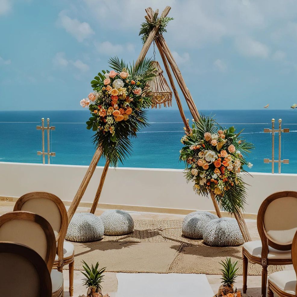A beachside wedding setup with a wooden triangle arch decorated with flowers and greenery. There are chairs arranged for the ceremony, and the ocean is visible in the background.