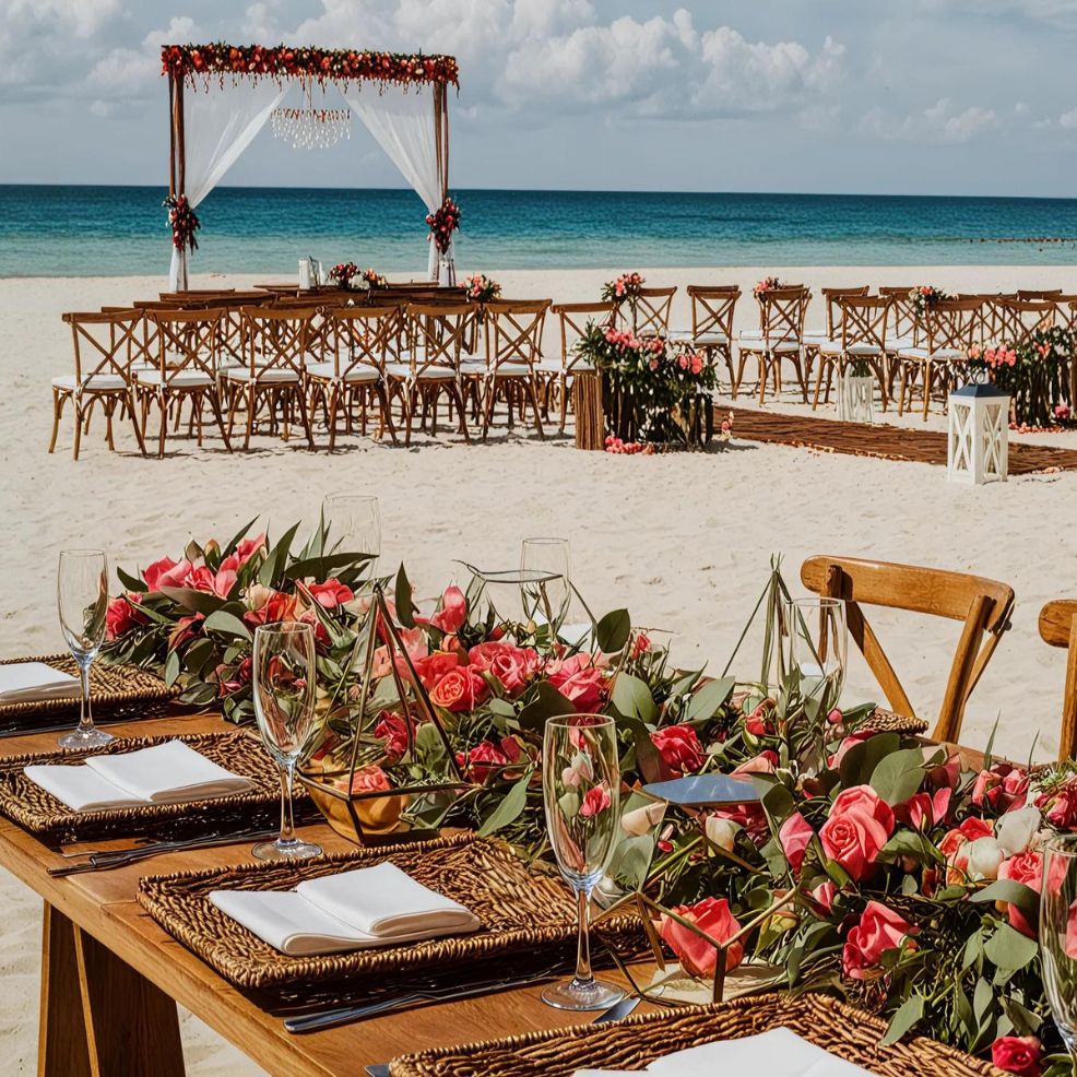 A beach wedding setup with chairs facing an altar decorated with flowers. In the foreground, a table with woven placemats, floral arrangements, and empty wine glasses overlooks the ocean.